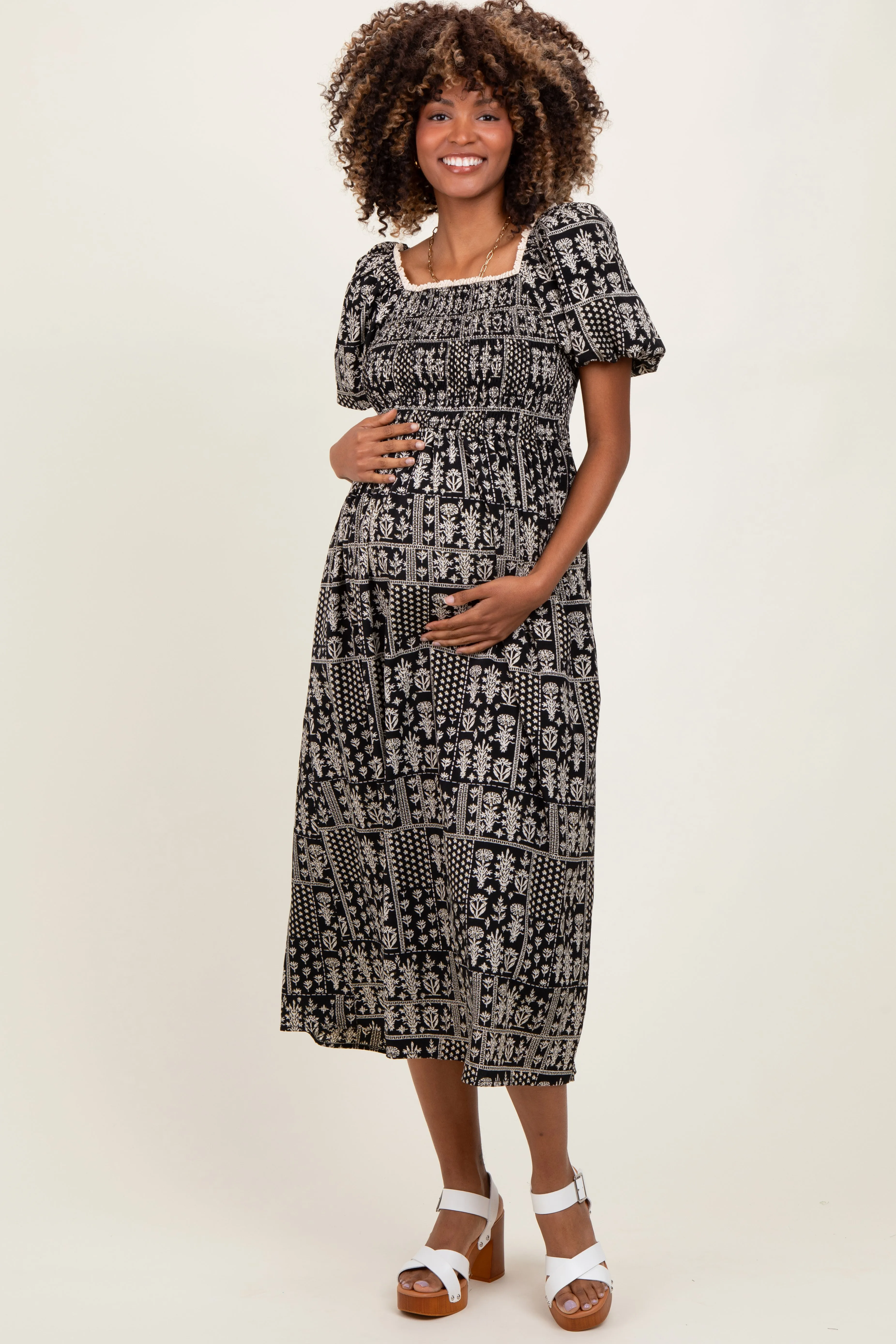 Black Patch Printed Smocked Maternity Midi Dress sold by Pinkblush product image thumbnail 2