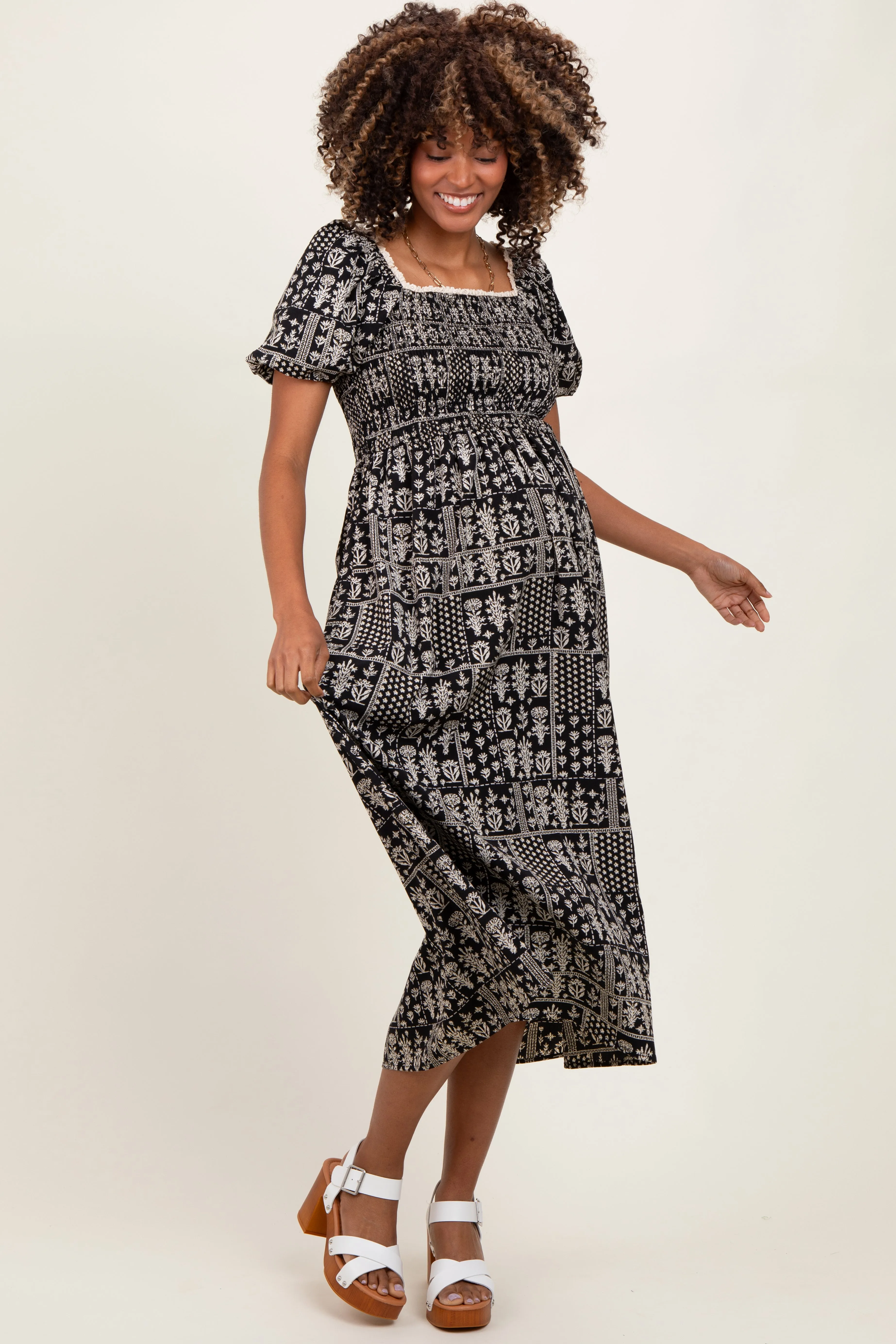 Black Patch Printed Smocked Maternity Midi Dress sold by Pinkblush product image thumbnail 3
