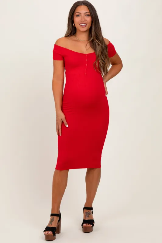 Red Ribbed Wide Neckline Fitted Maternity Midi Dress sold by Pinkblush