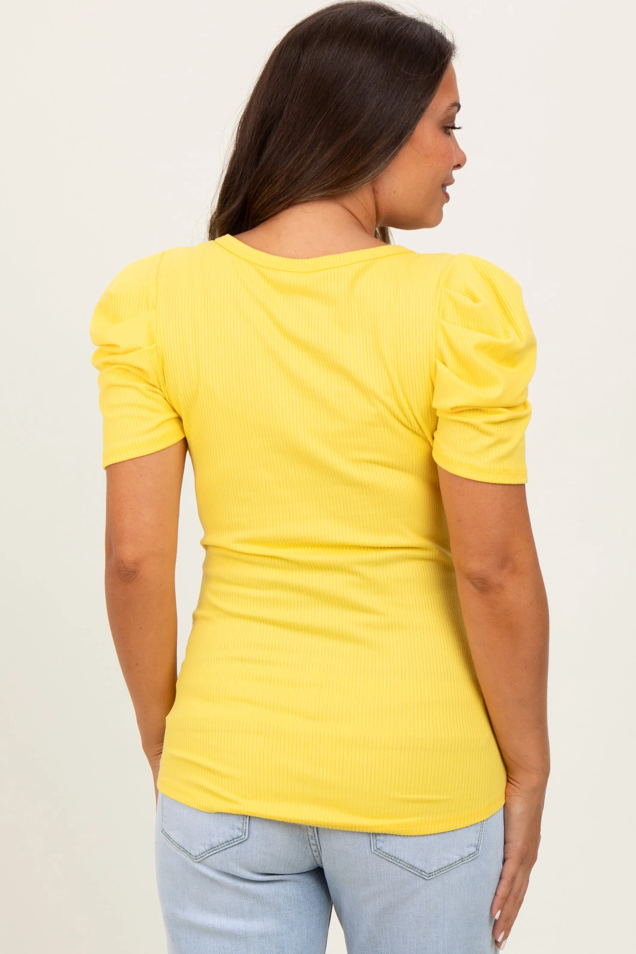 Yellow Ribbed Ruched Short Sleeve Maternity Top sold by Pinkblush product image thumbnail 4