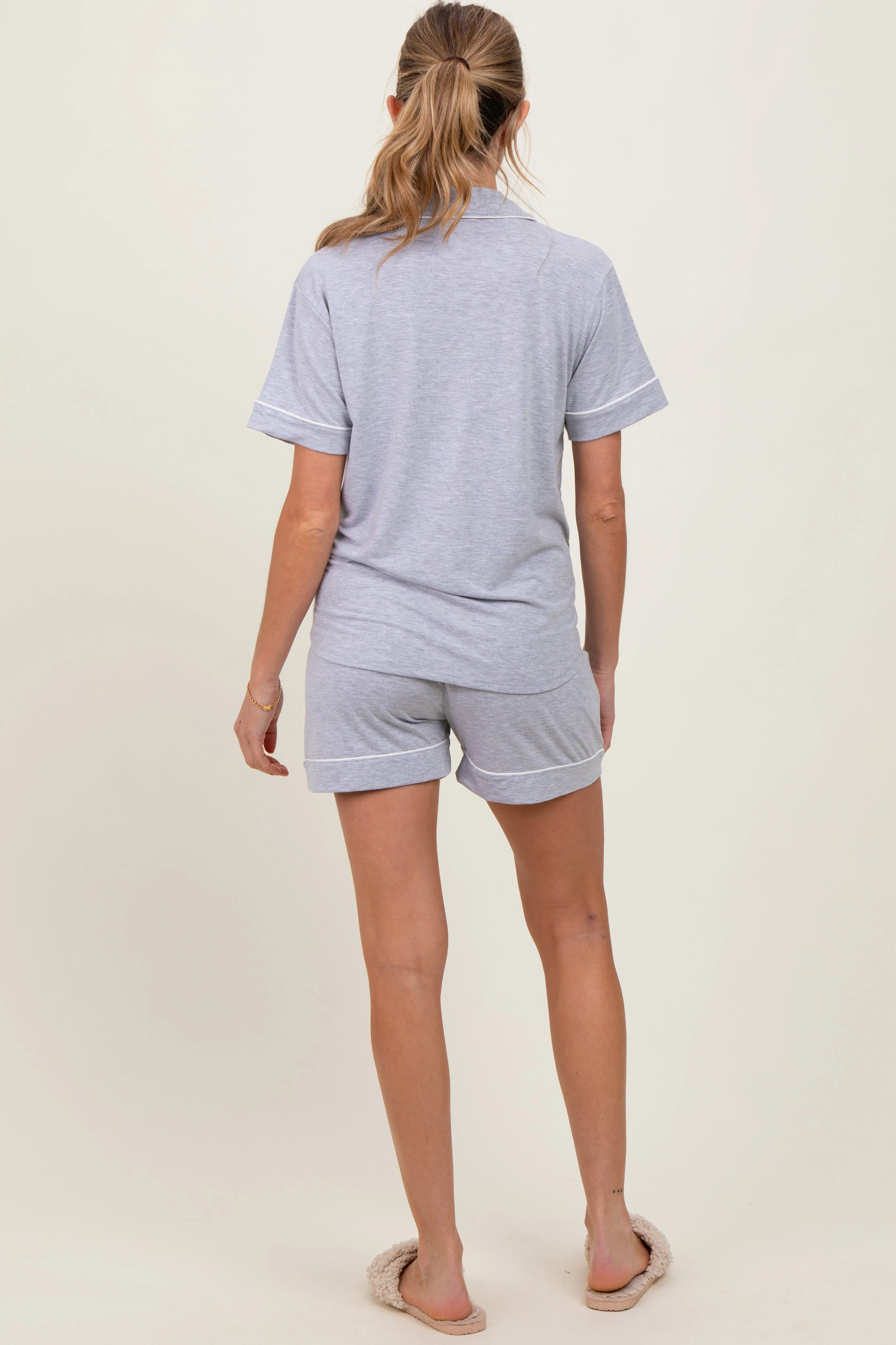 Heather Grey Short Sleeve Button Down Shirt Shorts Maternity Set sold by Pinkblush product image thumbnail 4