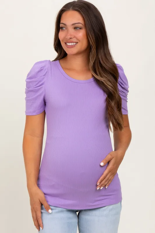 Lavender Ribbed Ruched Short Sleeve Maternity Top sold by Pinkblush