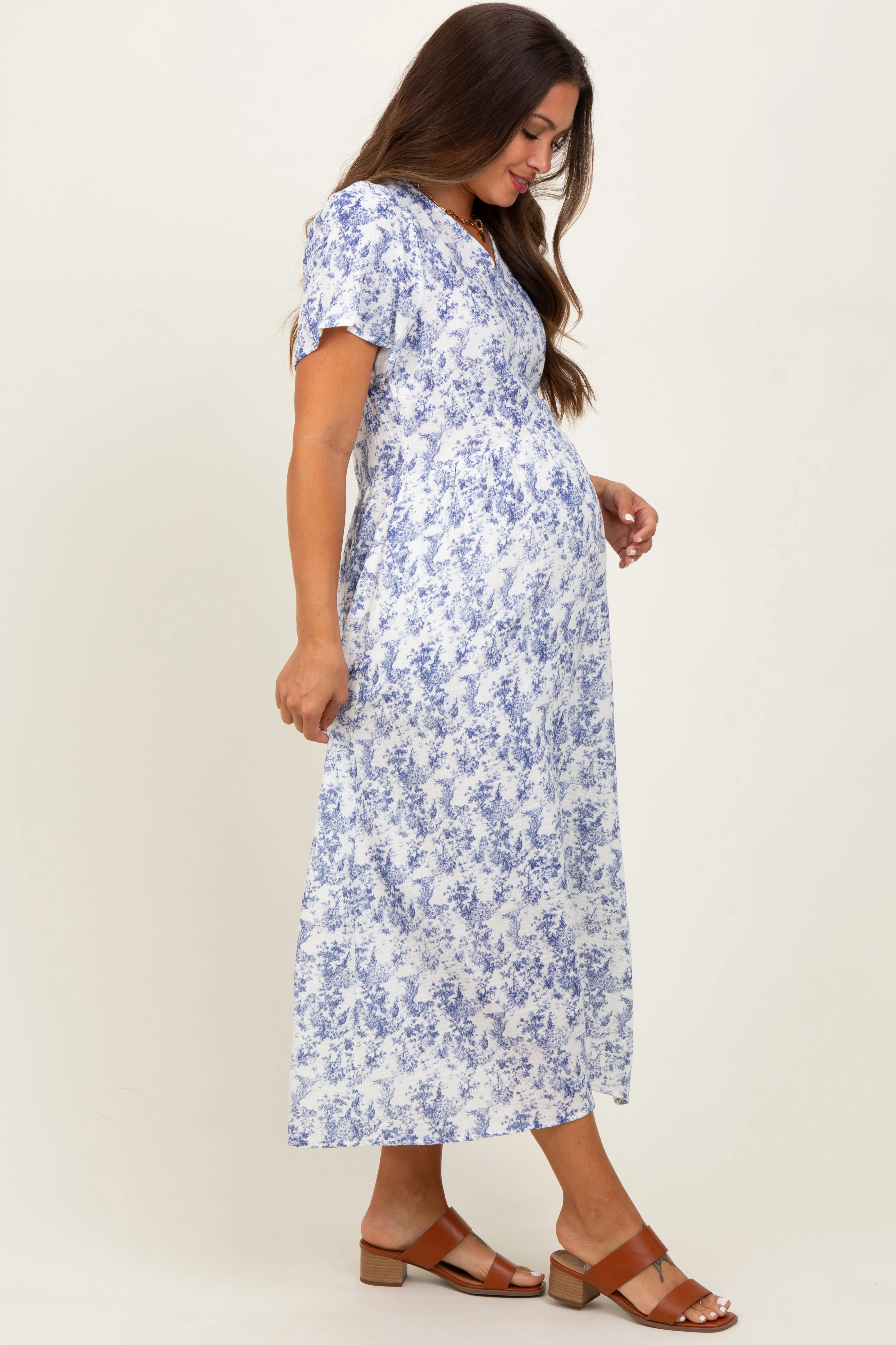 Blue Floral Button Up Tiered Maternity Midi Dress sold by Pinkblush product image thumbnail 3