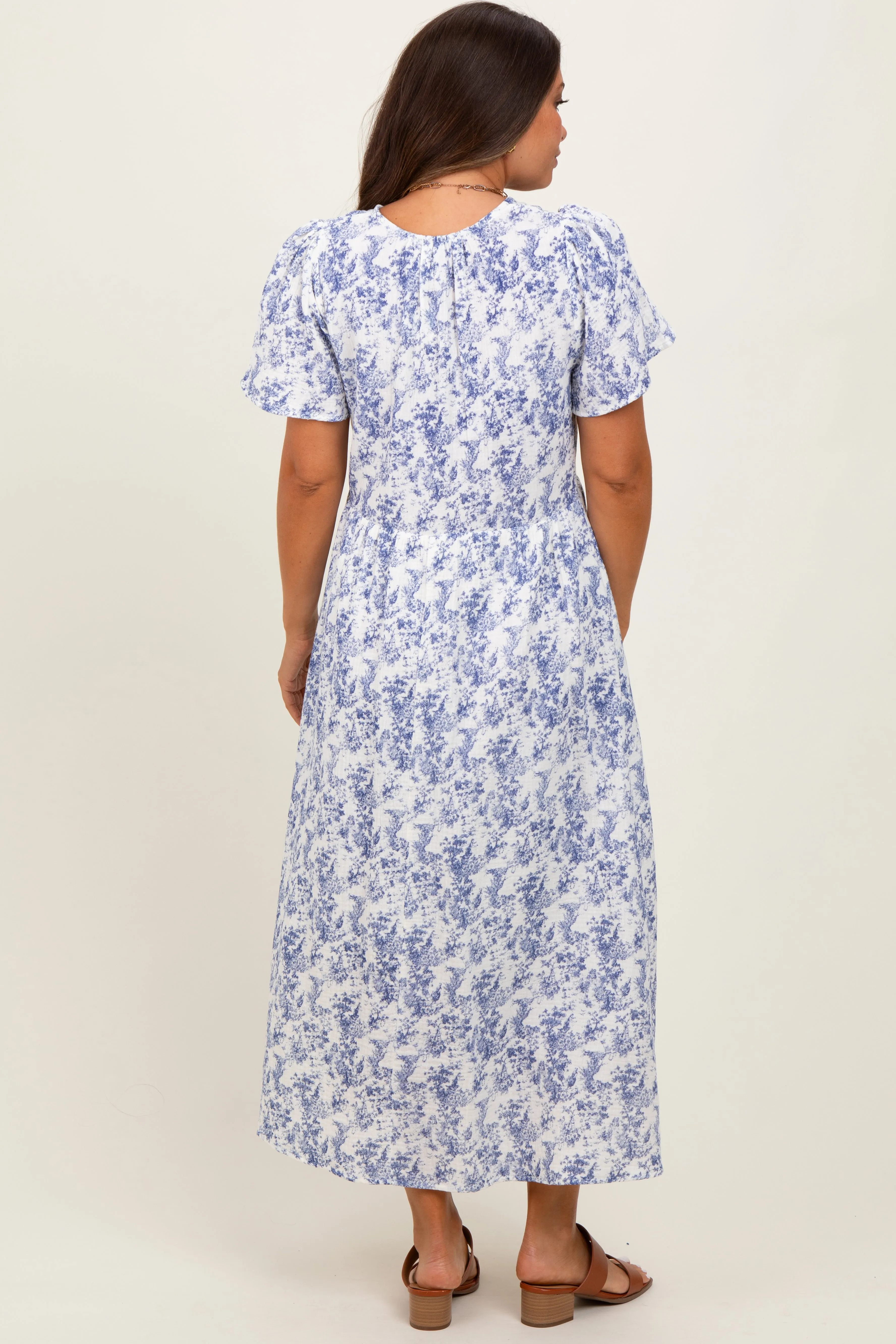 Blue Floral Button Up Tiered Maternity Midi Dress sold by Pinkblush product image thumbnail 4