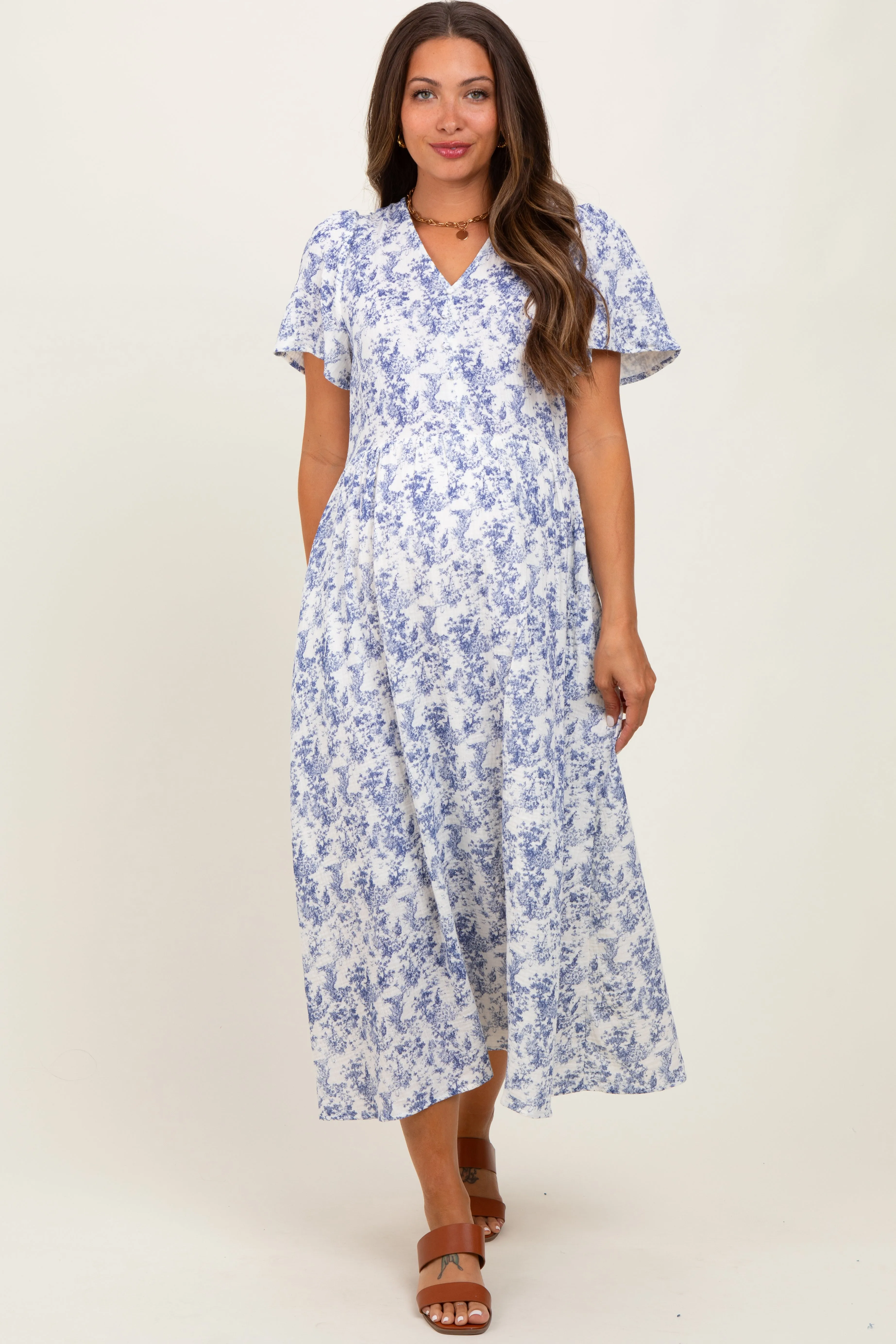 Blue Floral Button Up Tiered Maternity Midi Dress sold by Pinkblush