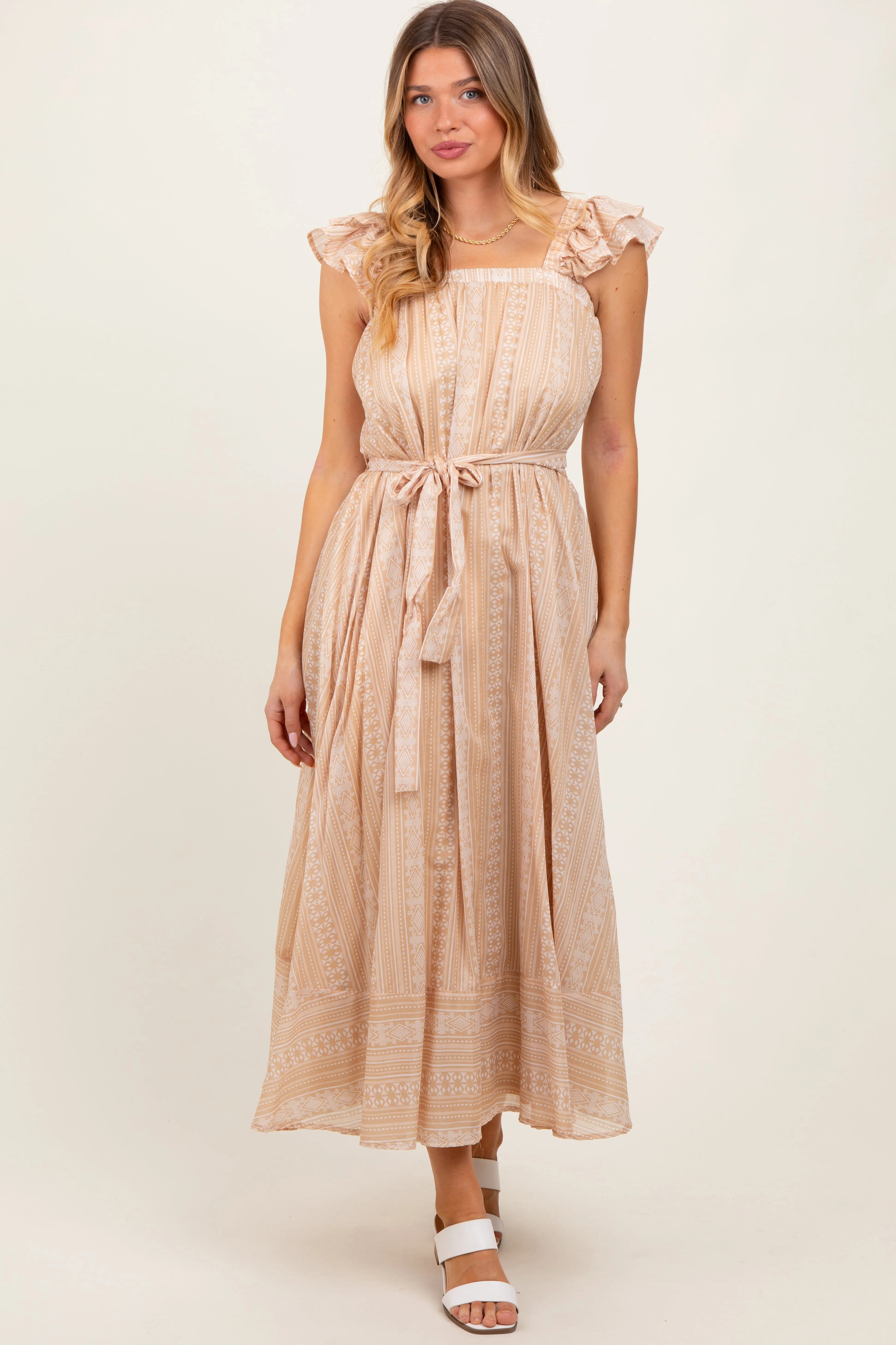 Peach Printed Ruffle Sleeve Sash Tie Midi Dress sold by Pinkblush