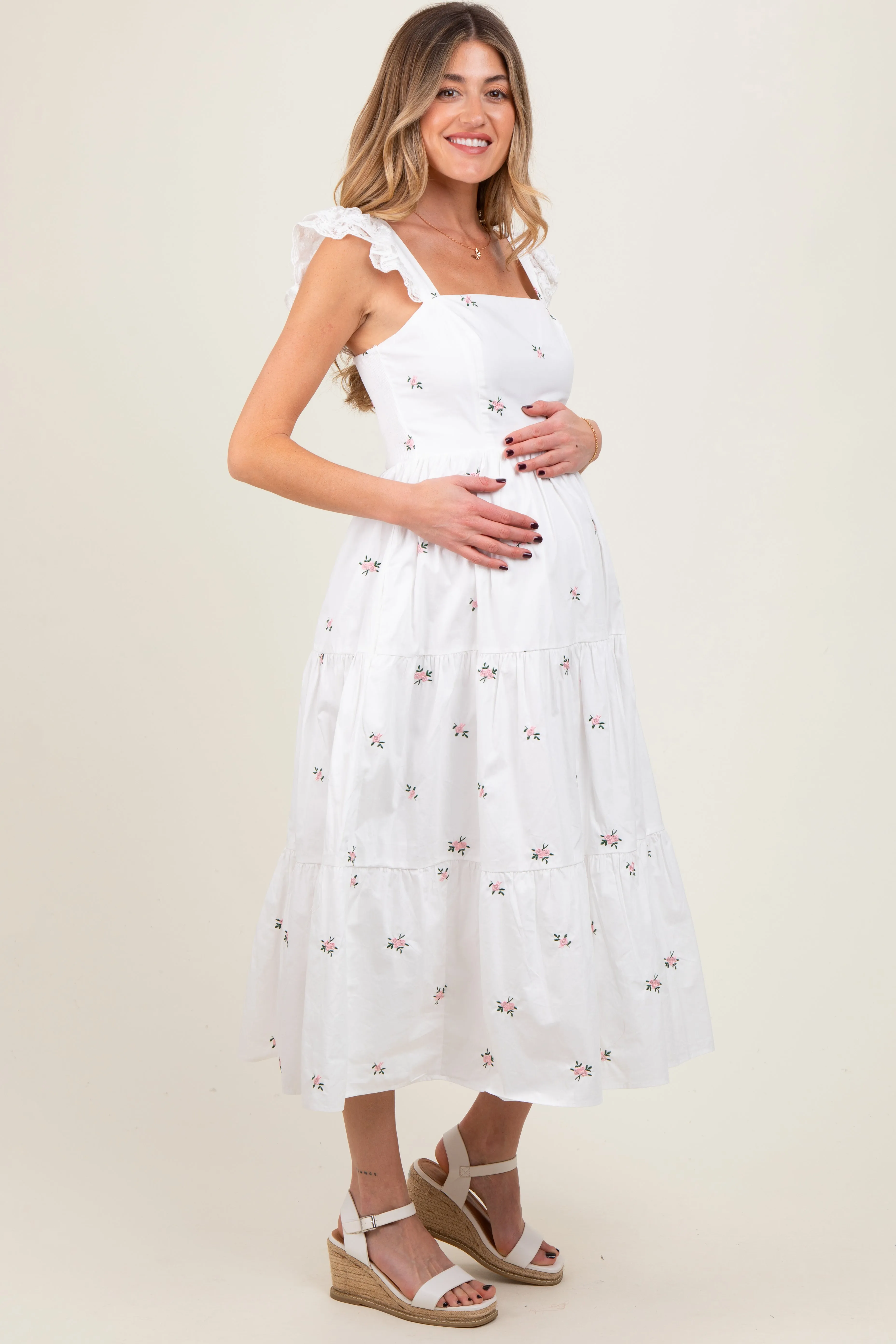 White Floral Embroidered Tiered Maternity Midi Dress sold by Pinkblush product image thumbnail 3