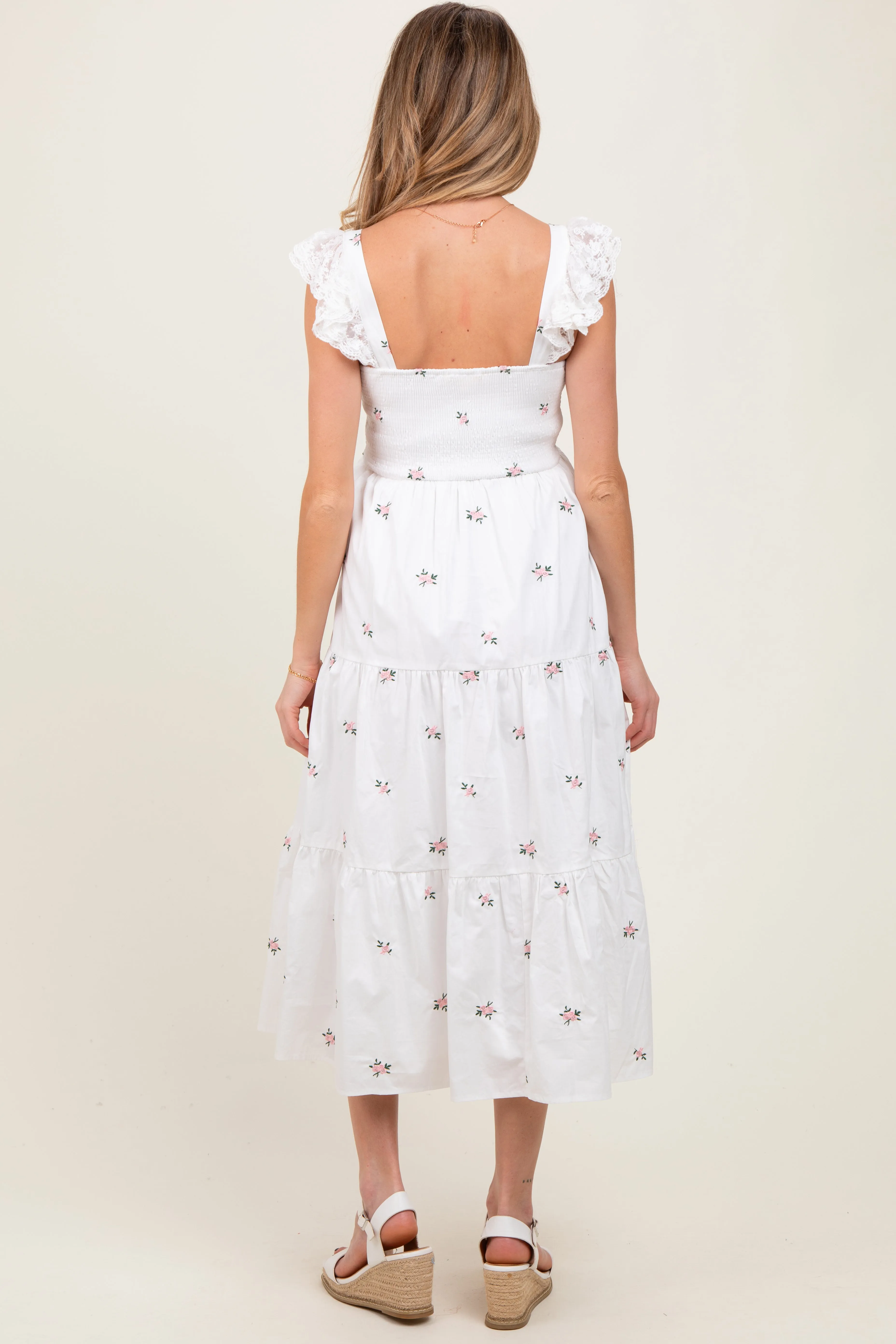 White Floral Embroidered Tiered Maternity Midi Dress sold by Pinkblush product image thumbnail 4