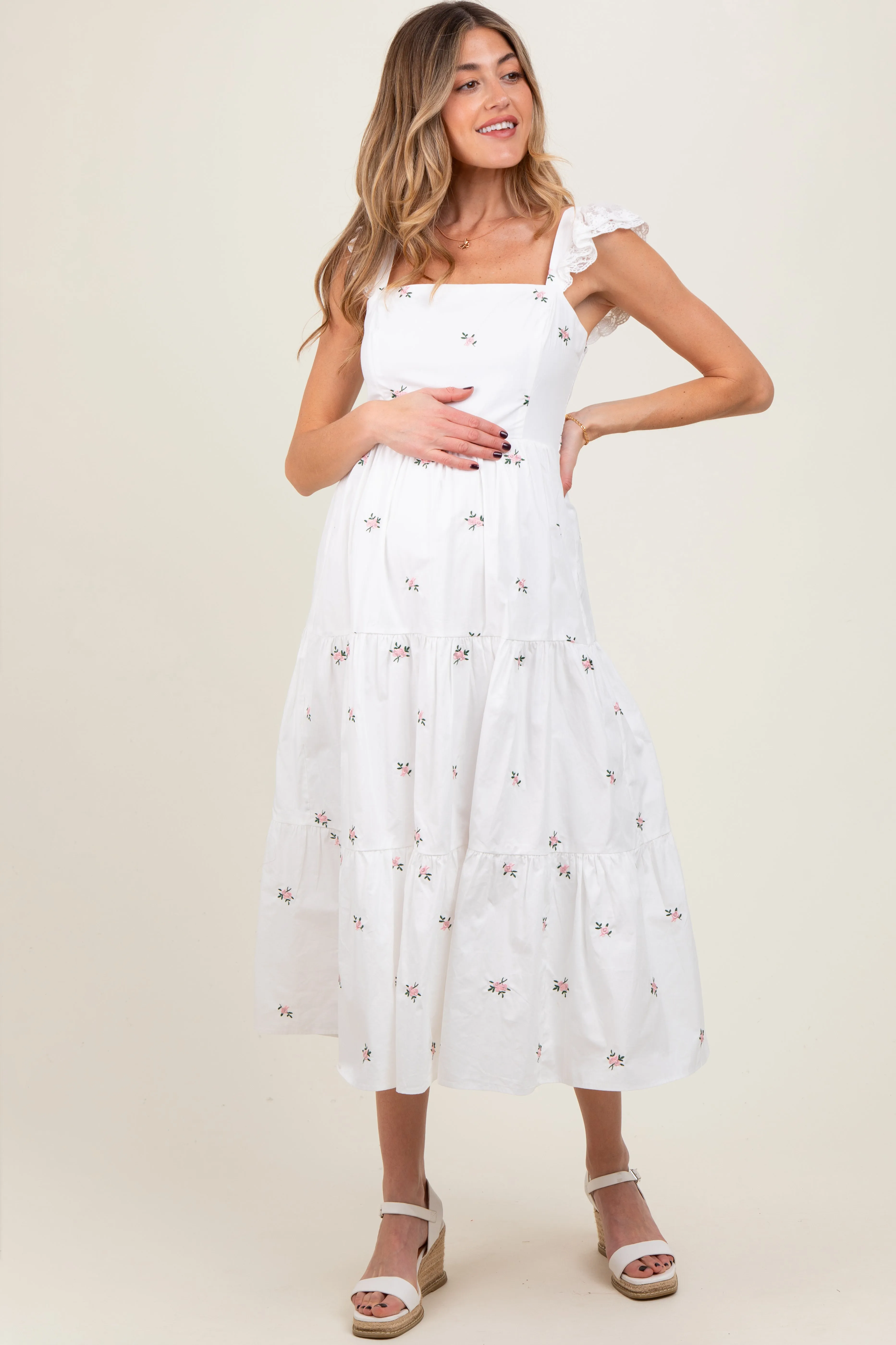 White Floral Embroidered Tiered Maternity Midi Dress sold by Pinkblush
