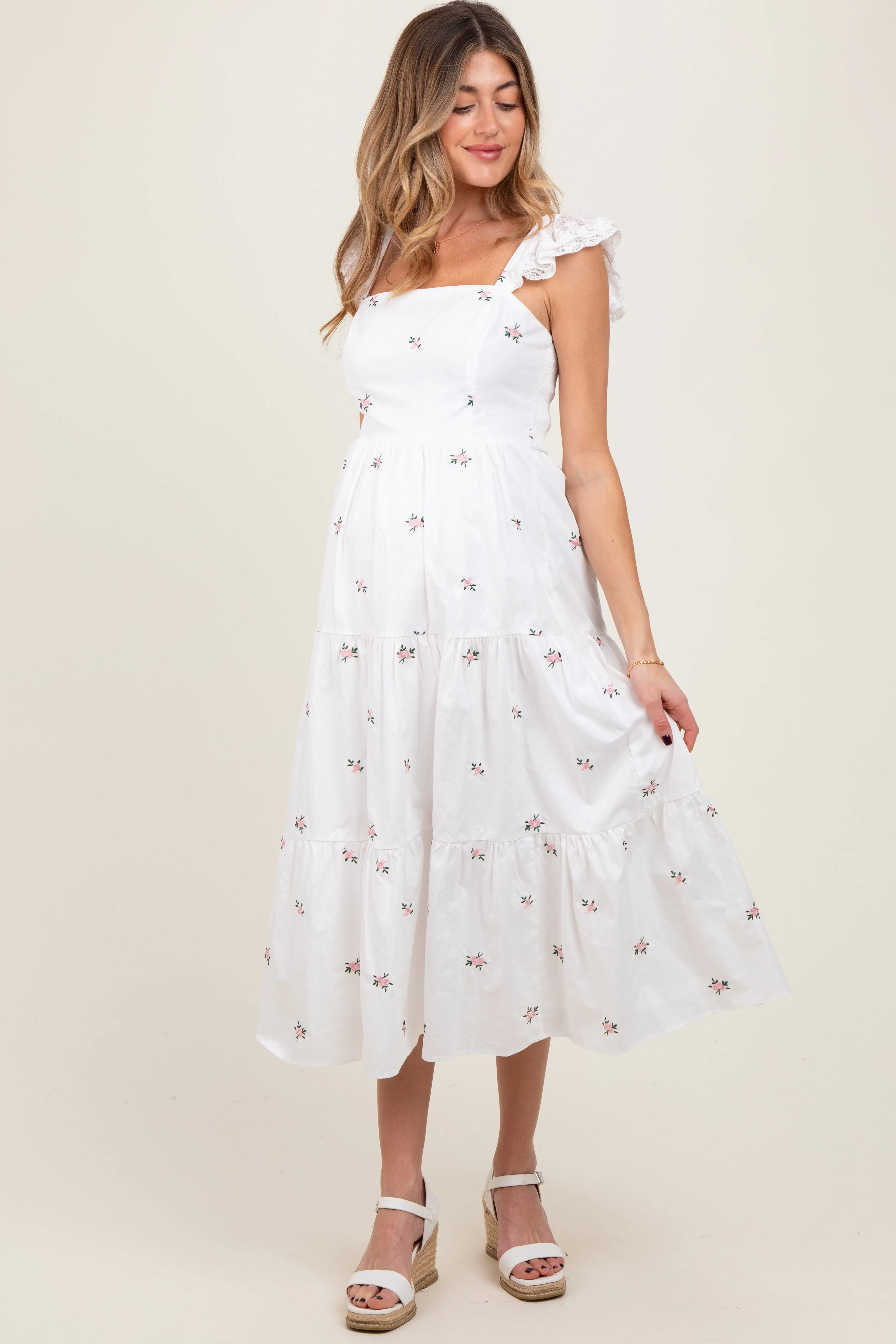 White Floral Embroidered Tiered Maternity Midi Dress sold by Pinkblush product image thumbnail 2
