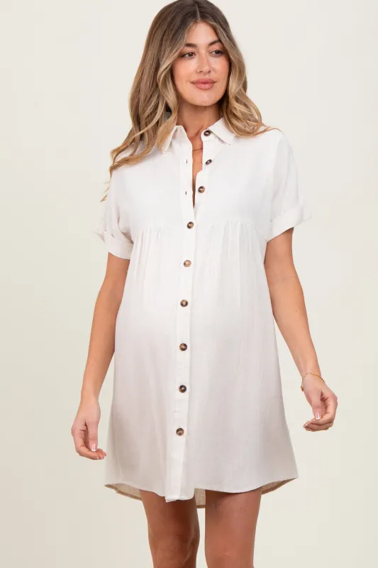 Beige Dolman Sleeve Linen Maternity Shirt Dress sold by Pinkblush