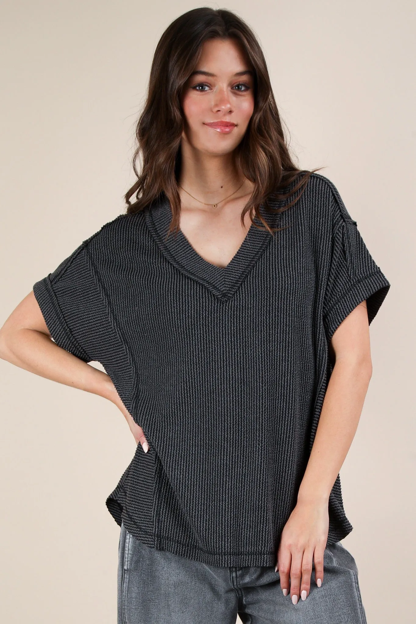 Charcoal Ribbed Raw Hem Maternity Short Sleeve Top sold by Pinkblush product image thumbnail 4