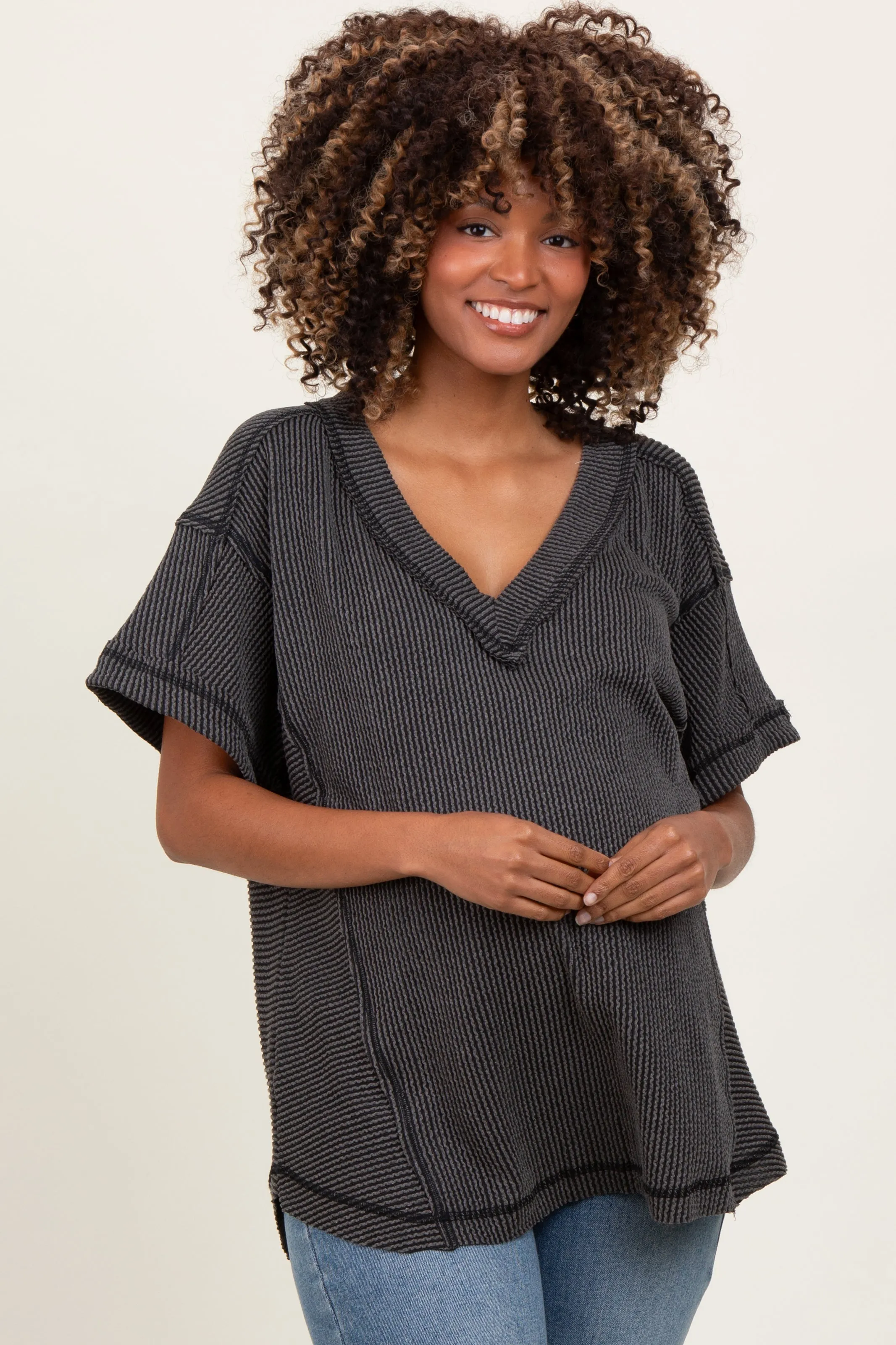 Charcoal Ribbed Raw Hem Maternity Short Sleeve Top sold by Pinkblush