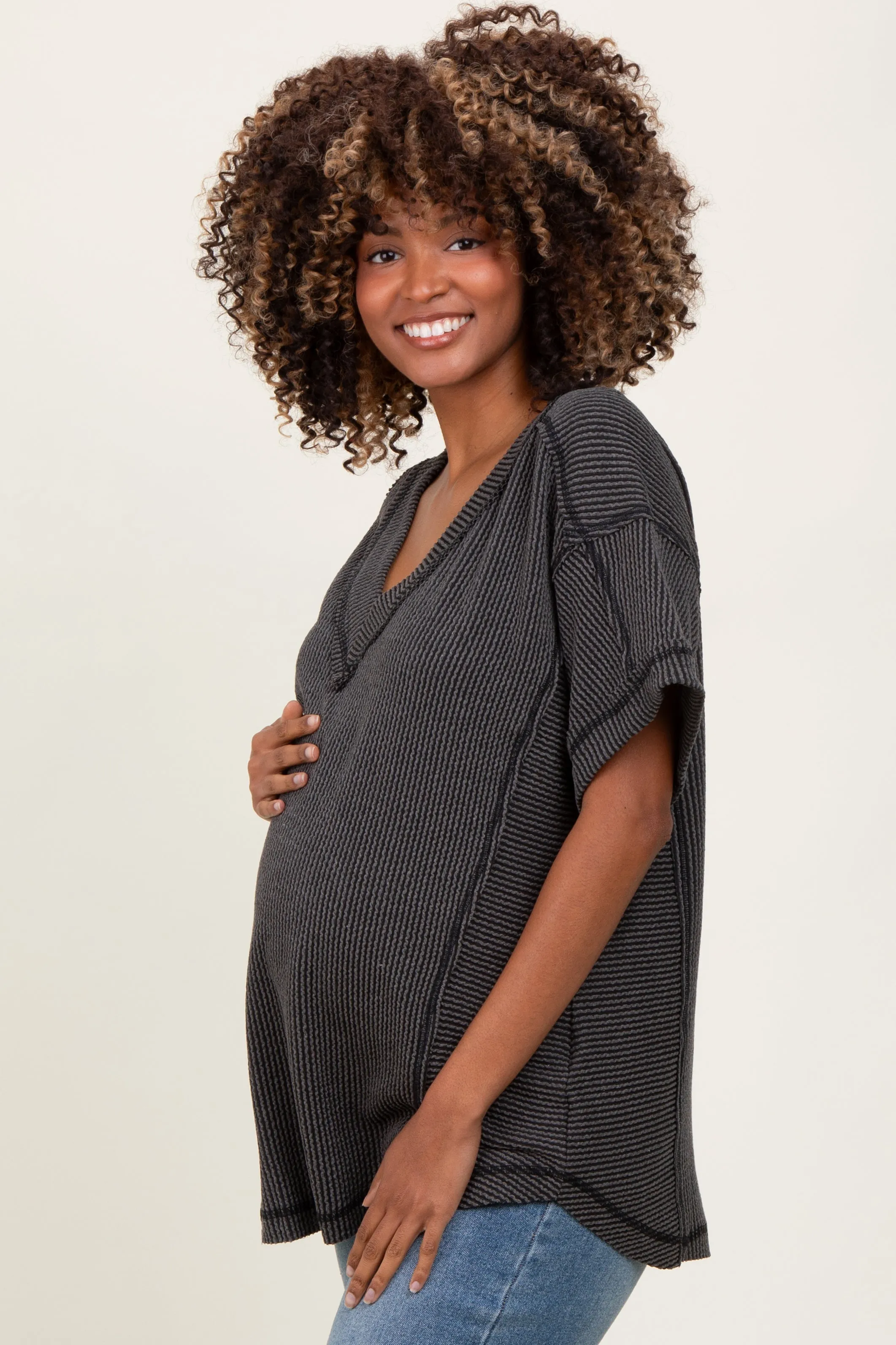 Charcoal Ribbed Raw Hem Maternity Short Sleeve Top sold by Pinkblush product image thumbnail 2