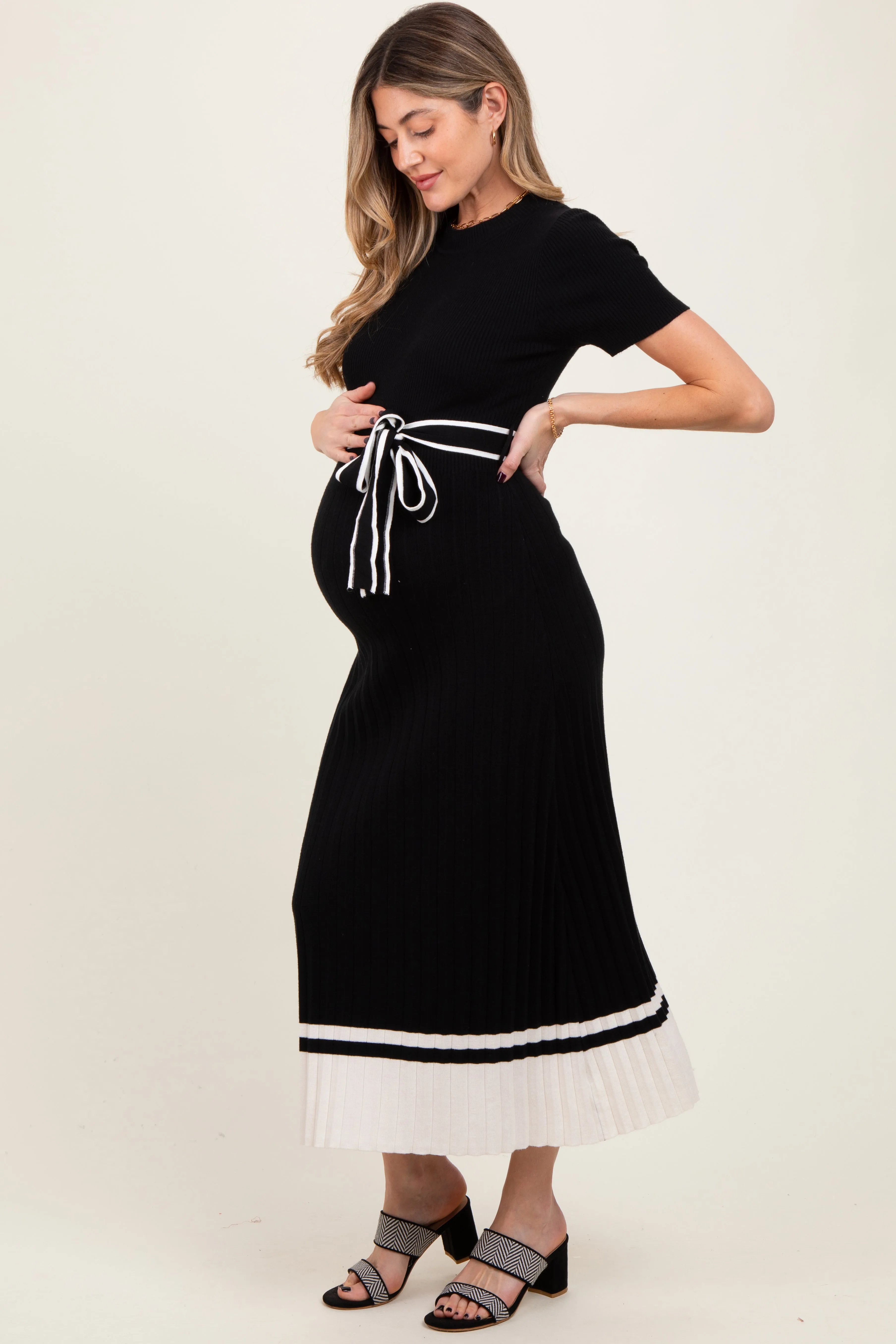 Black Ribbed Knit Pleated Maternity Midi Dress sold by Pinkblush product image thumbnail 2