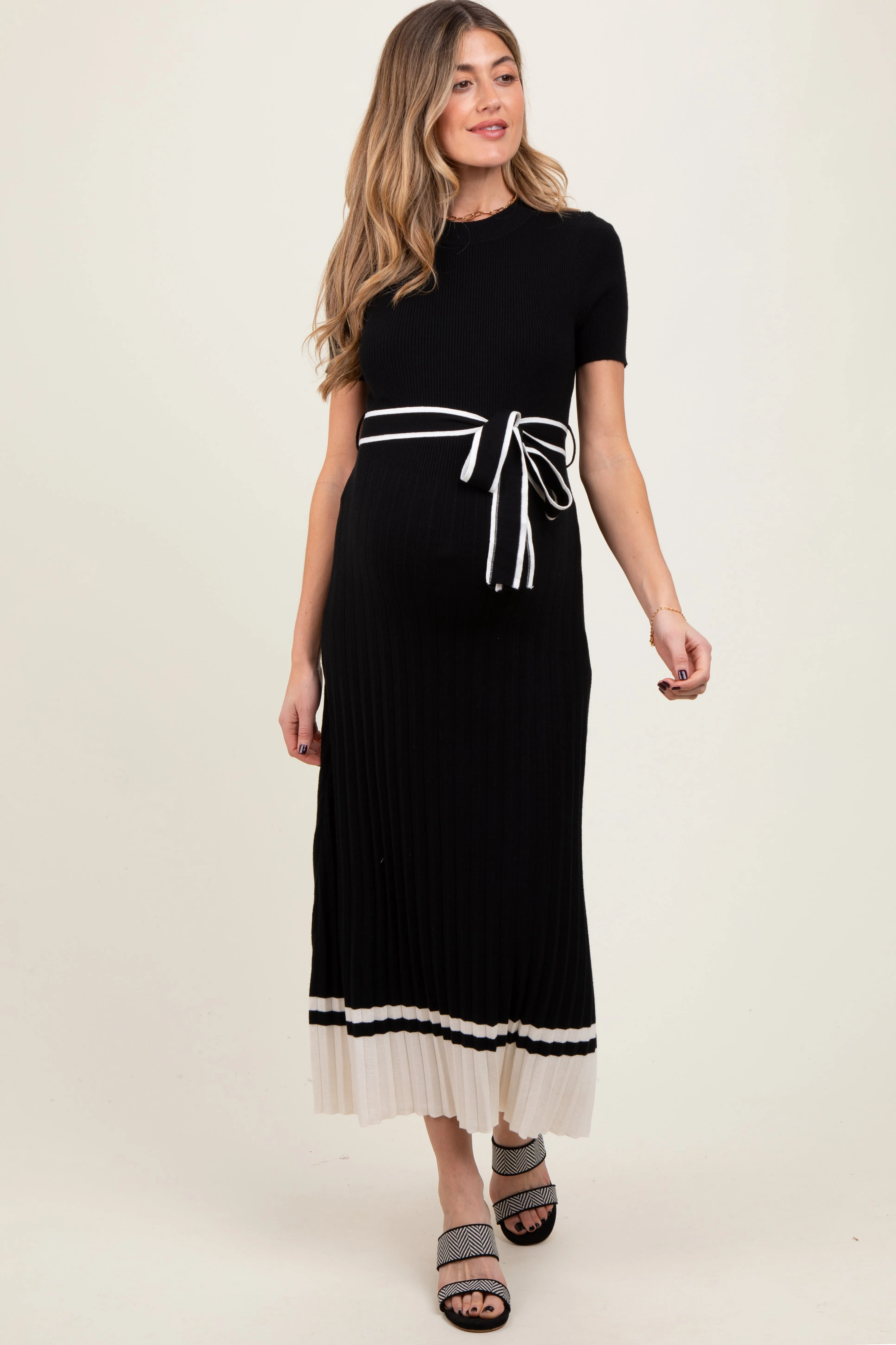 Black Ribbed Knit Pleated Maternity Midi Dress sold by Pinkblush