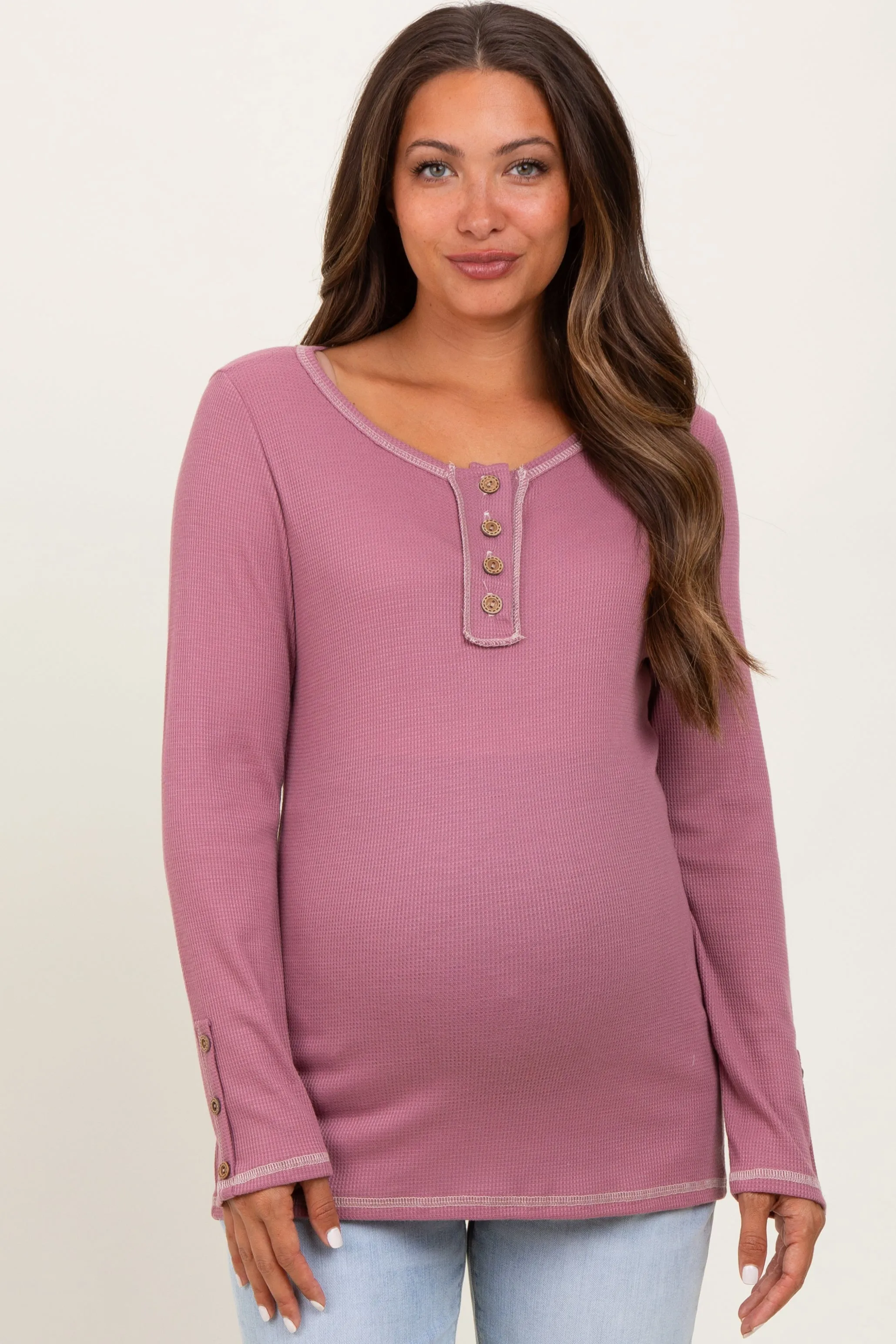Mauve Button Detail Maternity Long Sleeve Thermal Top sold by Pinkblush
