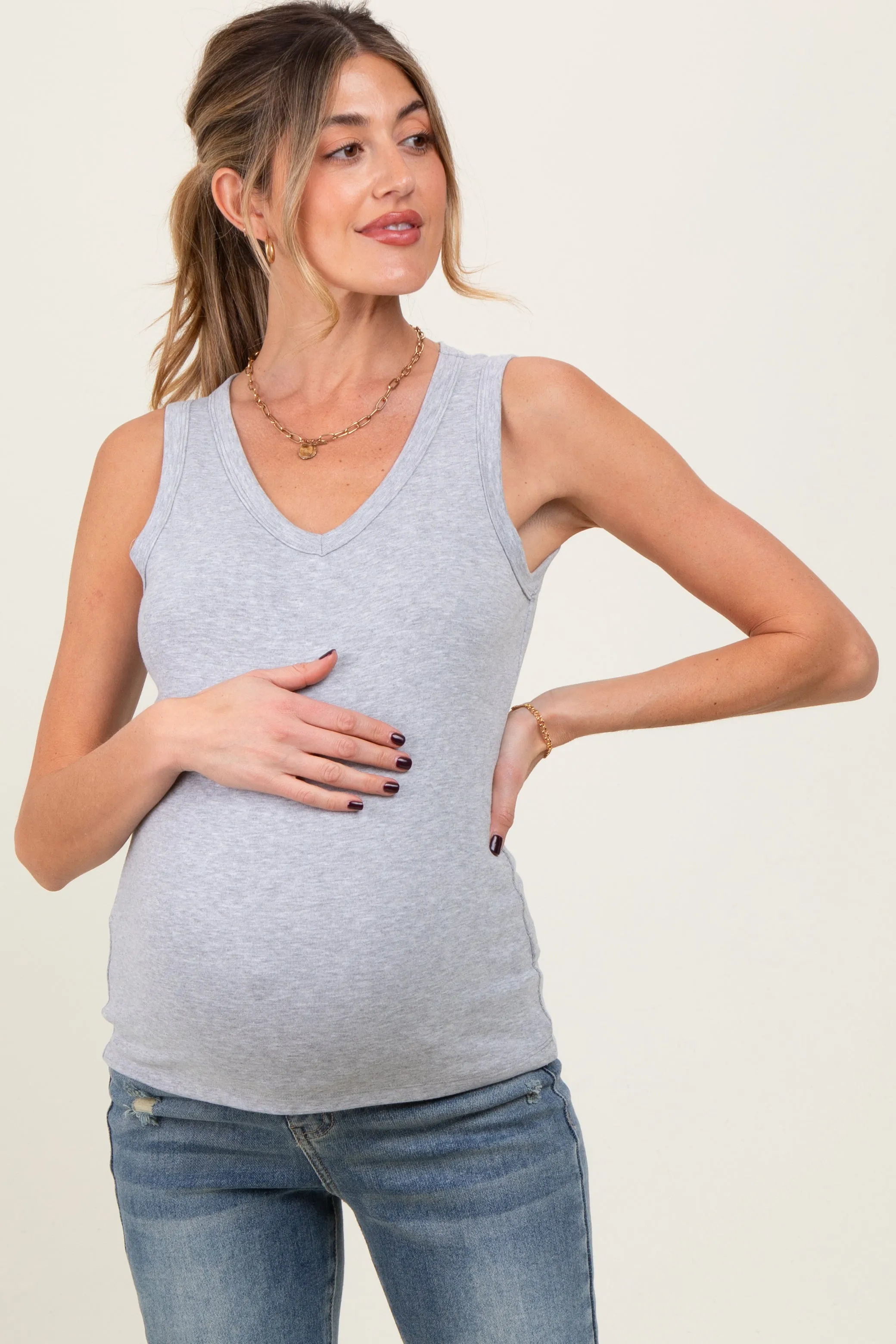 Heather Grey Basic V-Neck Maternity Tank Top sold by Pinkblush product image thumbnail 2