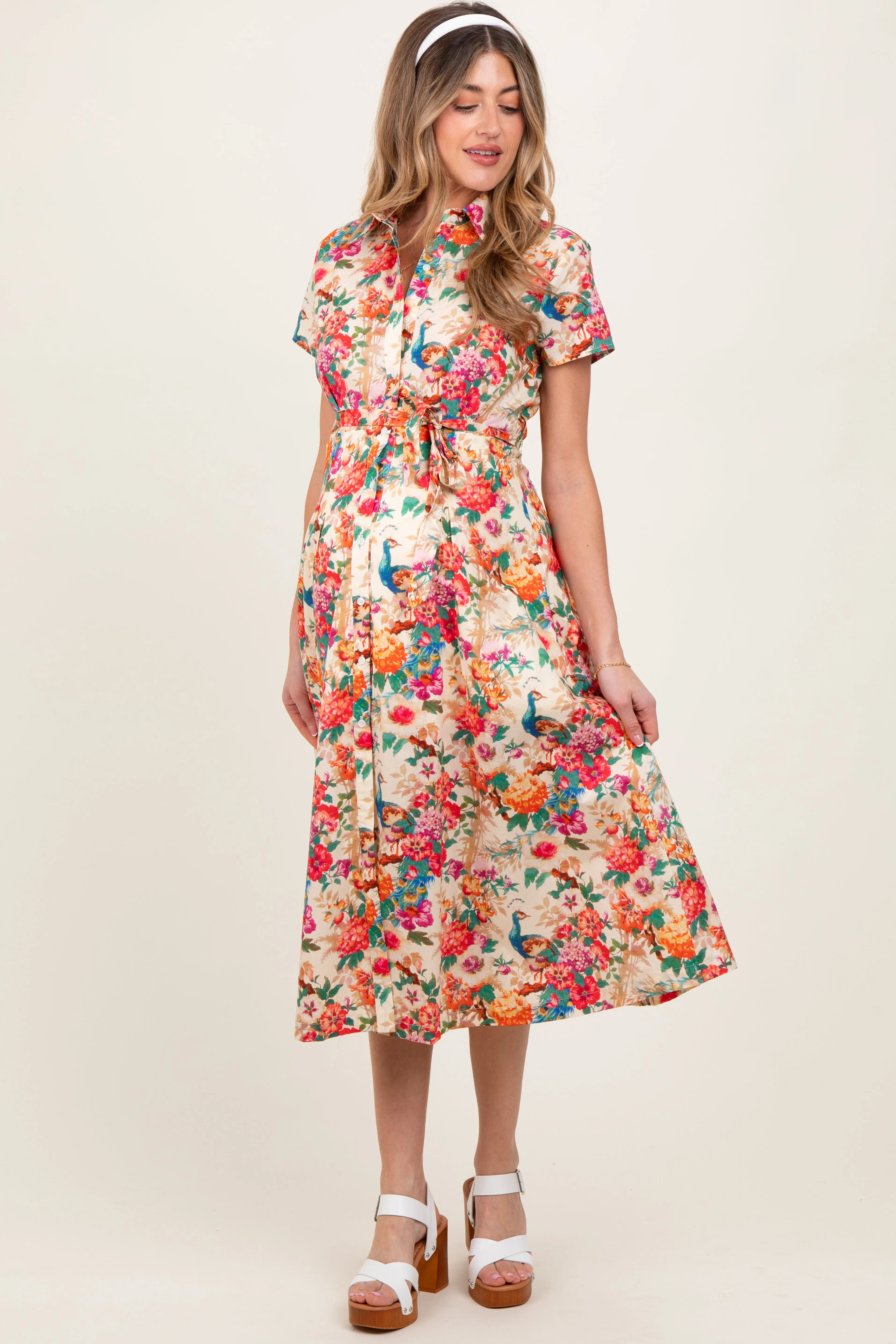 Cream Floral Button Down Maternity Midi Shirt Dress sold by Pinkblush product image thumbnail 2
