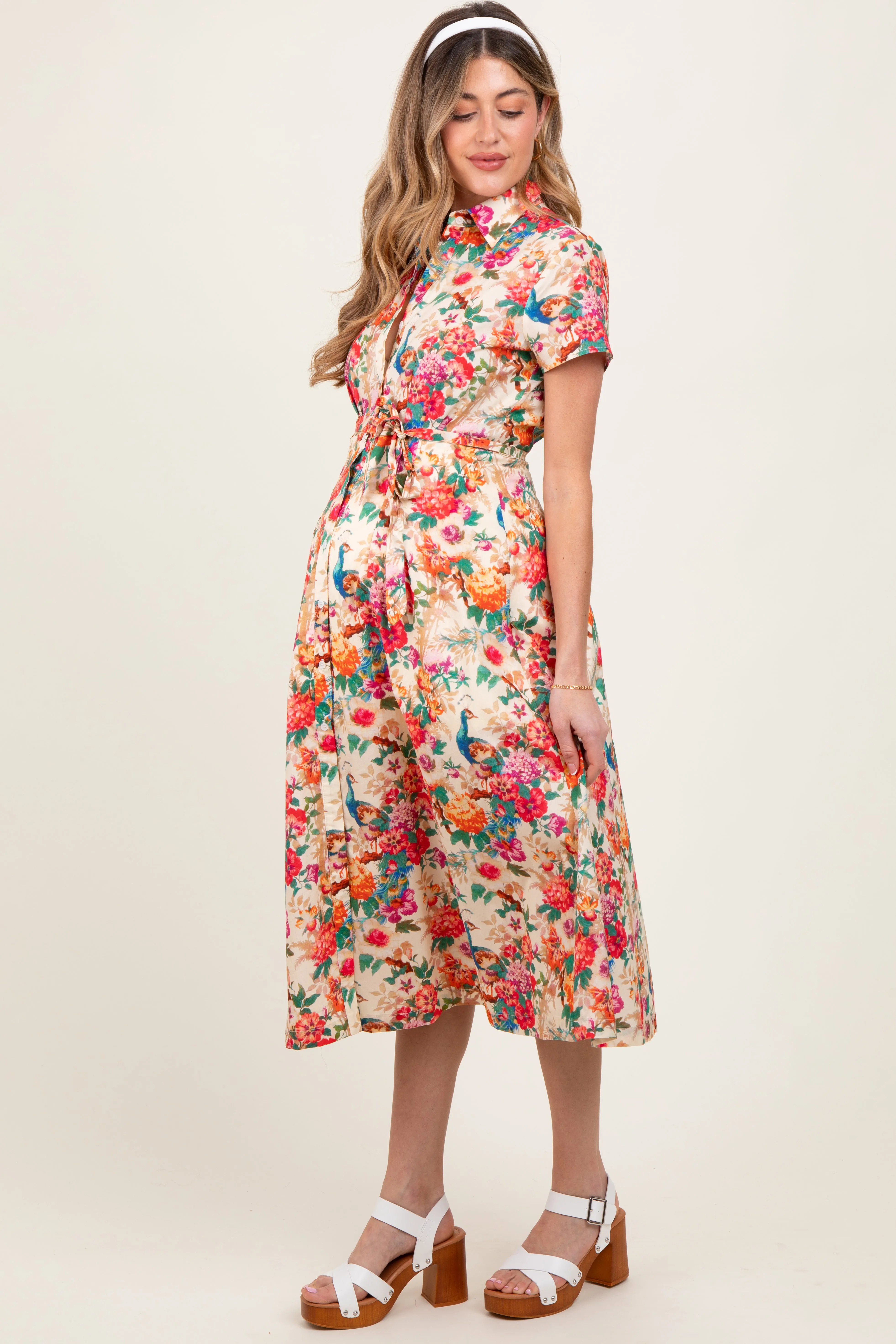 Cream Floral Button Down Maternity Midi Shirt Dress sold by Pinkblush product image thumbnail 3