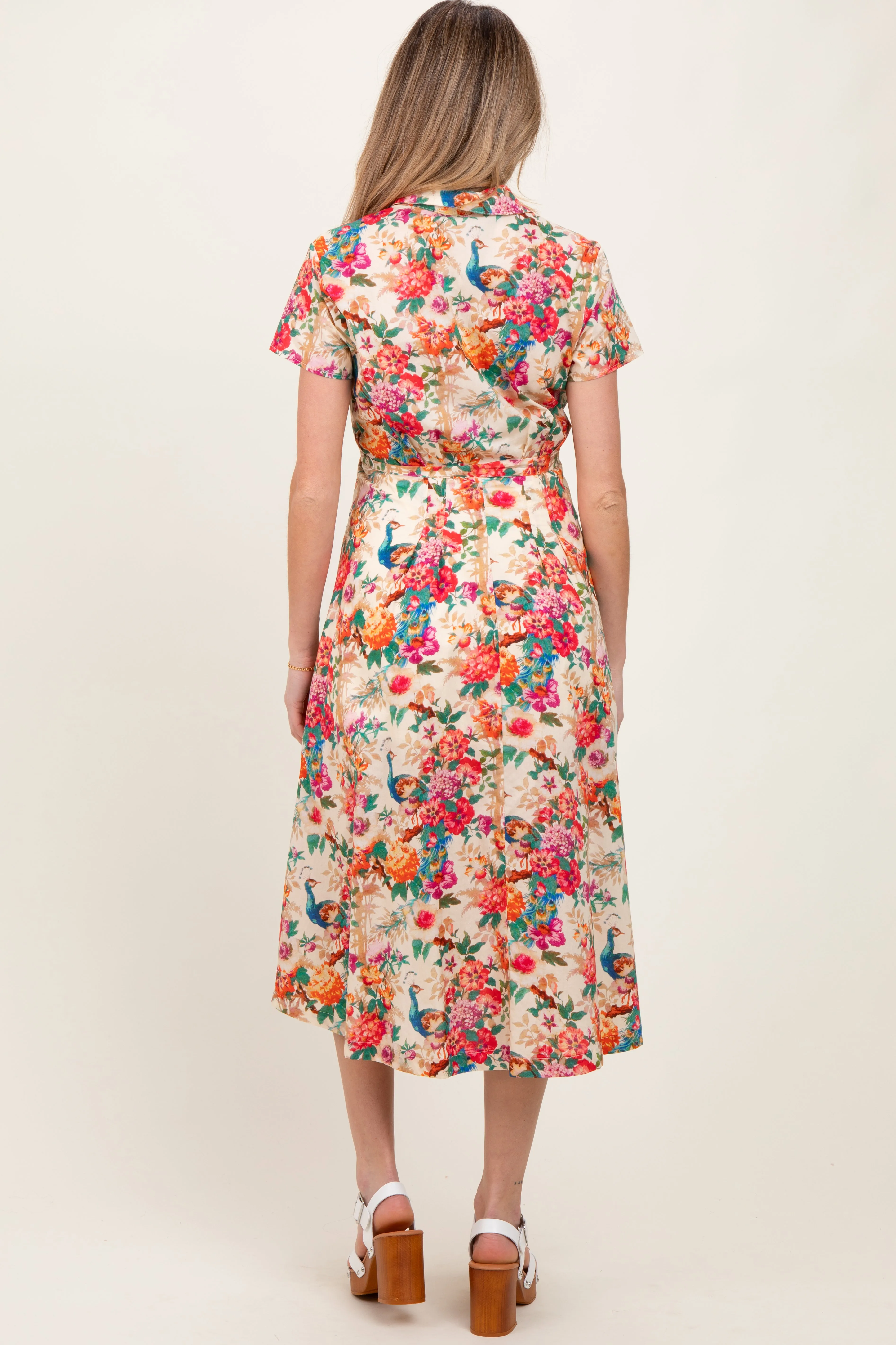 Cream Floral Button Down Maternity Midi Shirt Dress sold by Pinkblush product image thumbnail 4