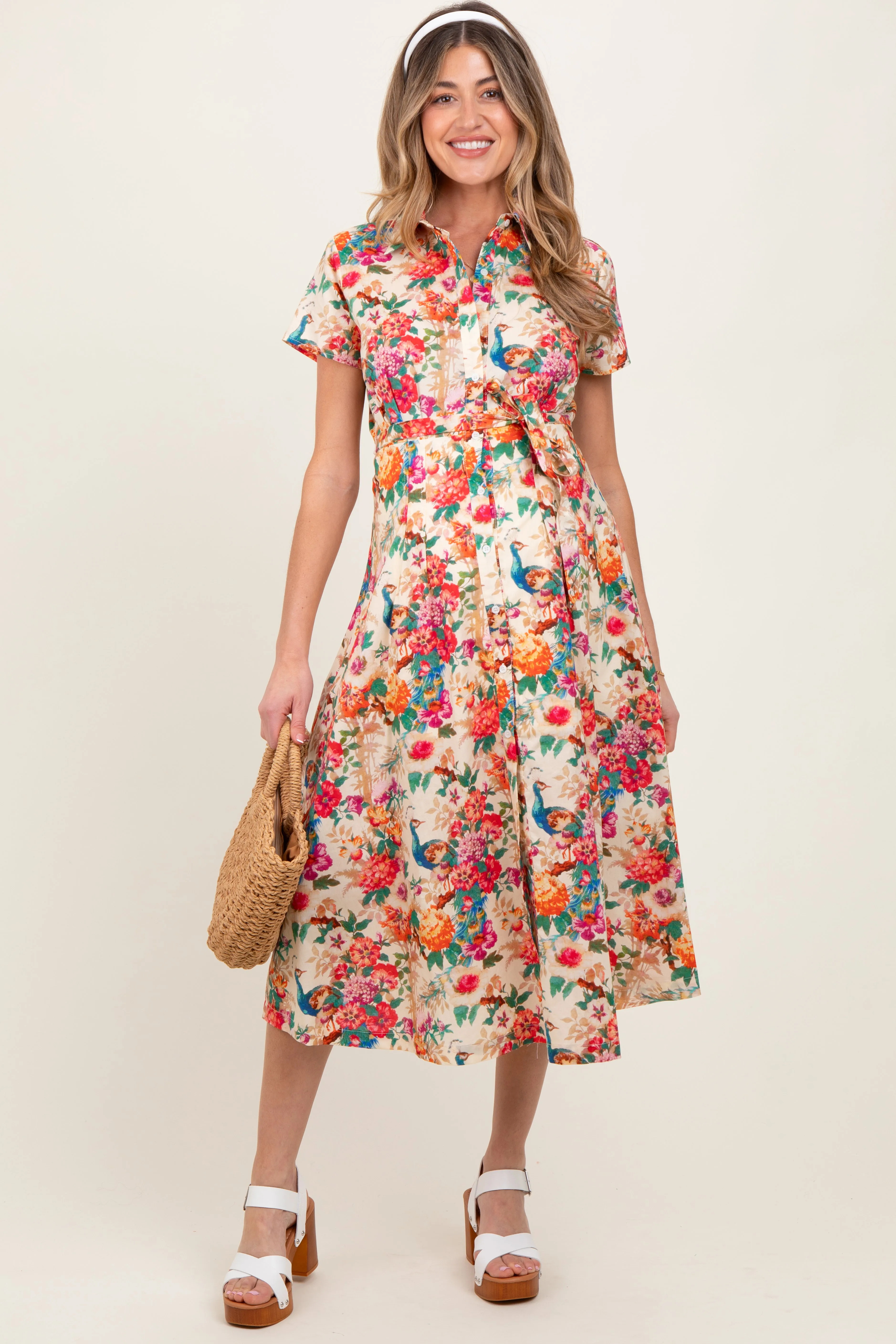 Cream Floral Button Down Maternity Midi Shirt Dress sold by Pinkblush