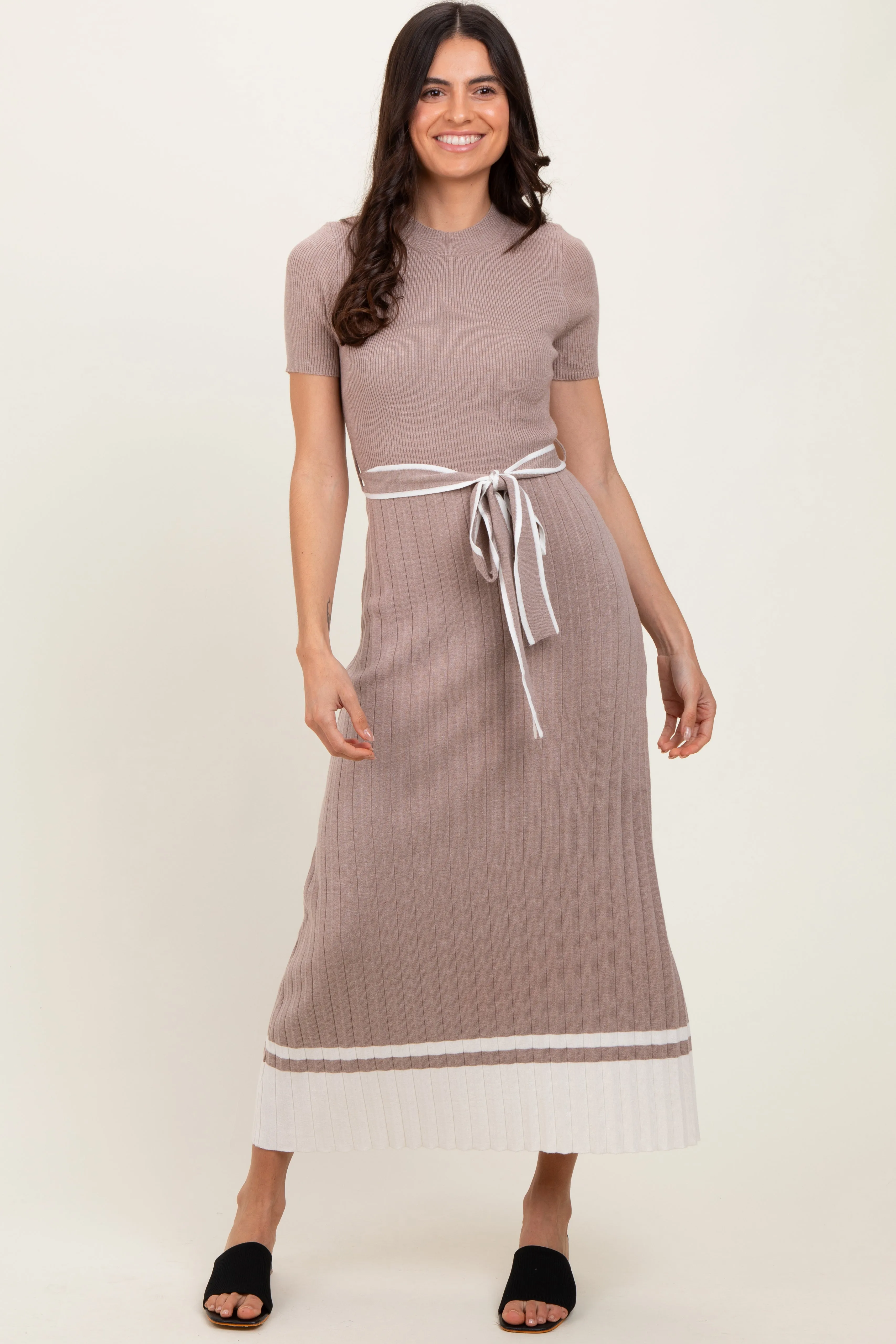 Mocha Ribbed Knit Pleated Maternity Midi Dress sold by Pinkblush product image thumbnail 5