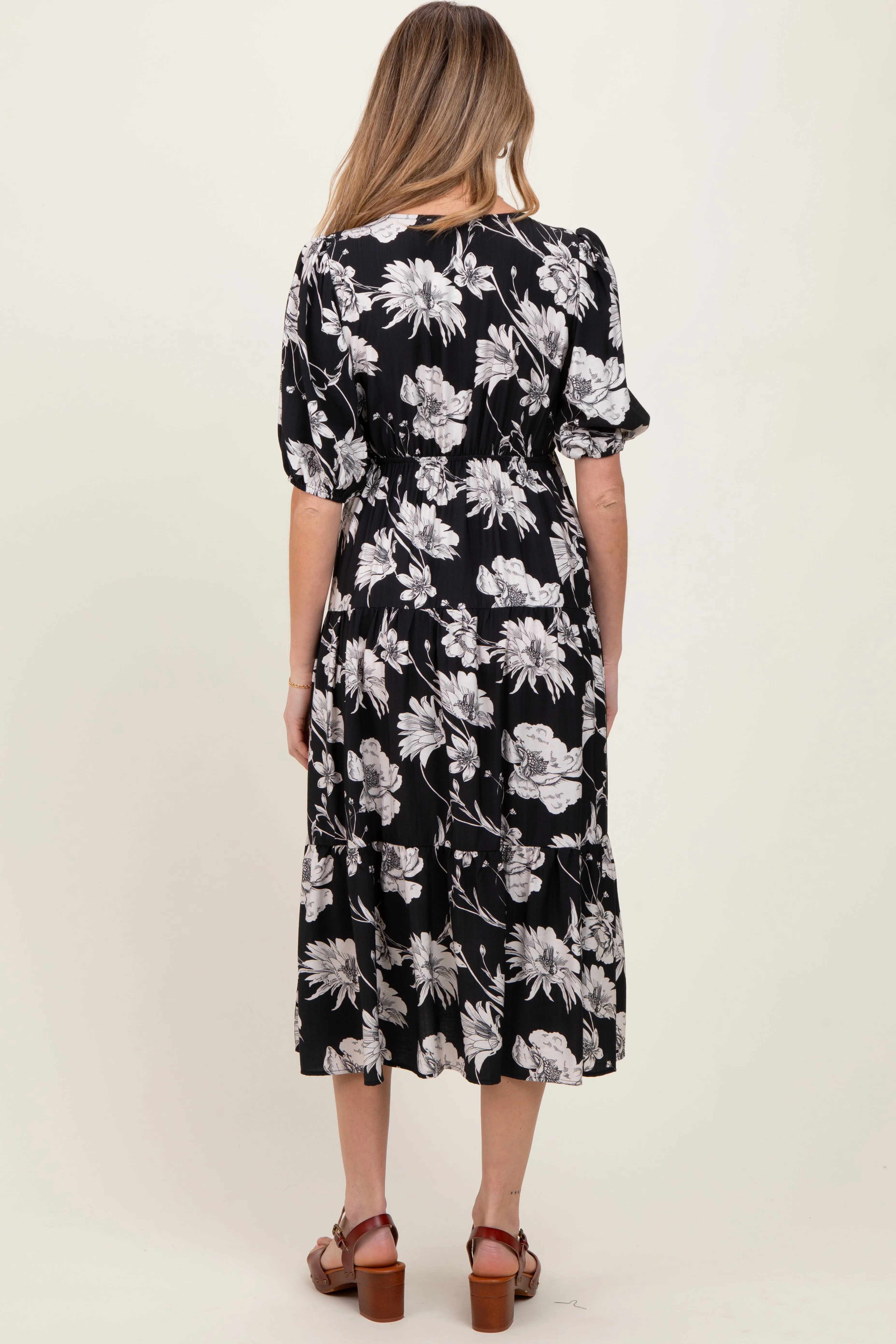 Black Floral Tie Front Tiered Maternity Midi Dress sold by Pinkblush product image thumbnail 3