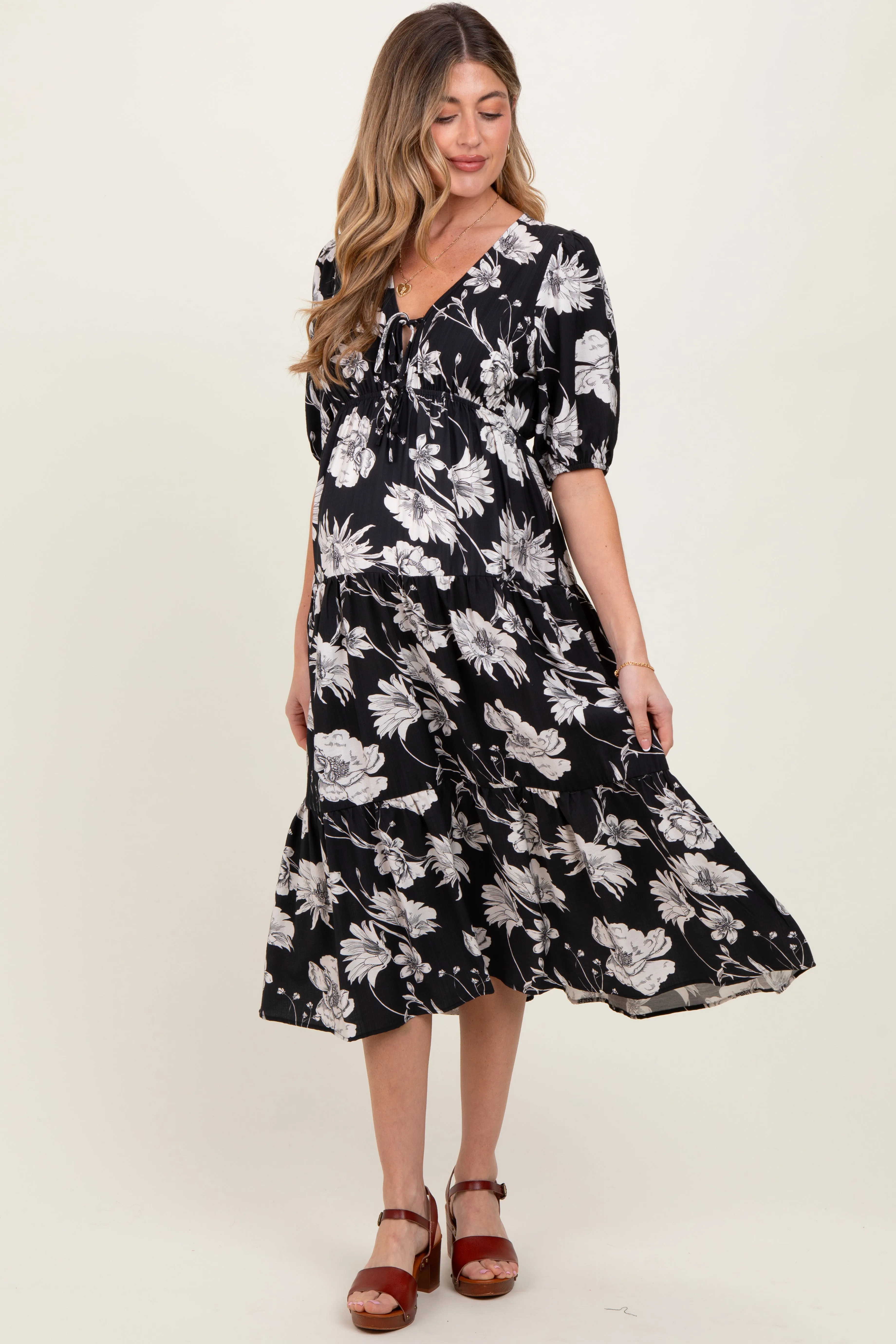 Black Floral Tie Front Tiered Maternity Midi Dress sold by Pinkblush