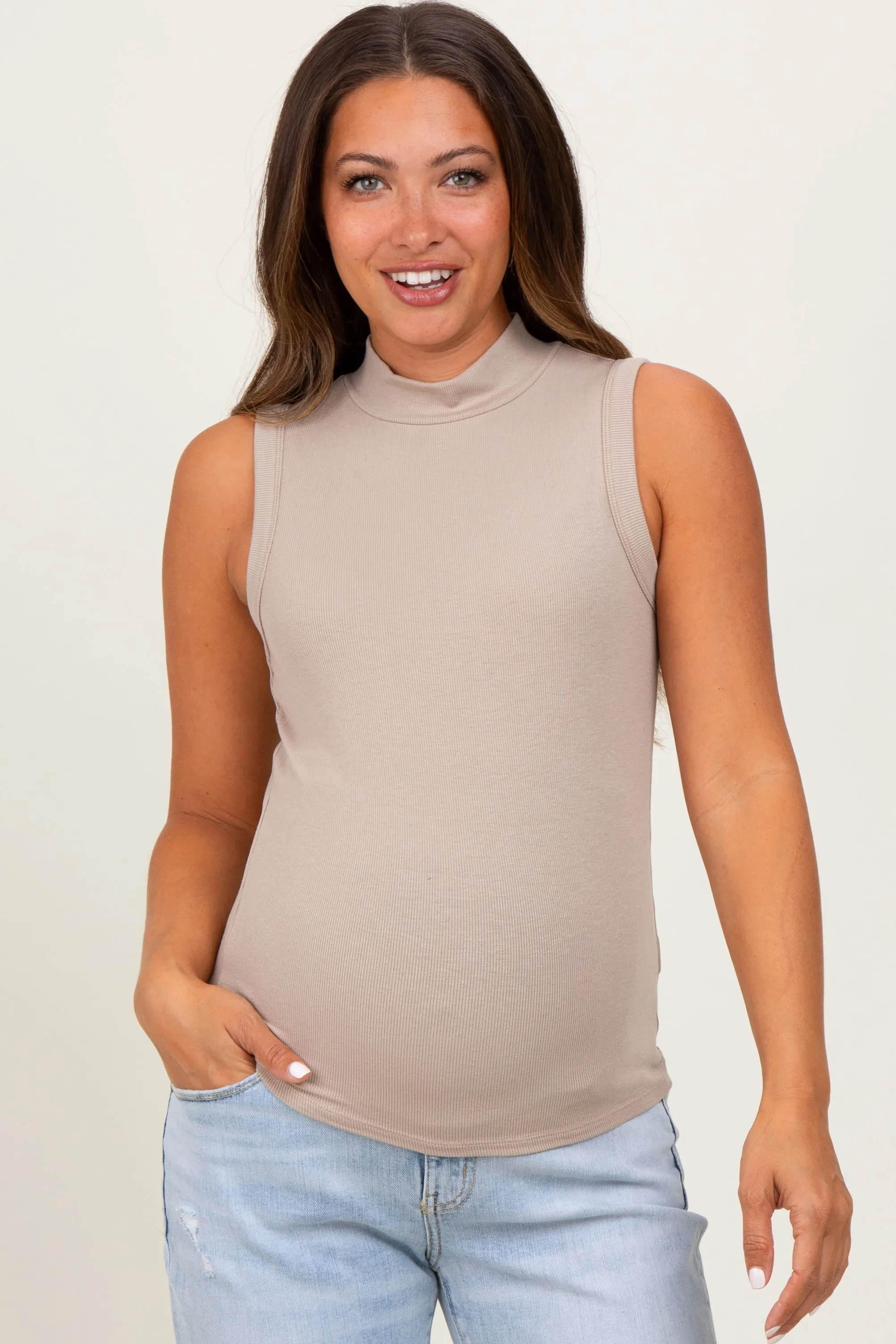Beige Knit Mock Neck Sleeveless Maternity Top sold by Pinkblush