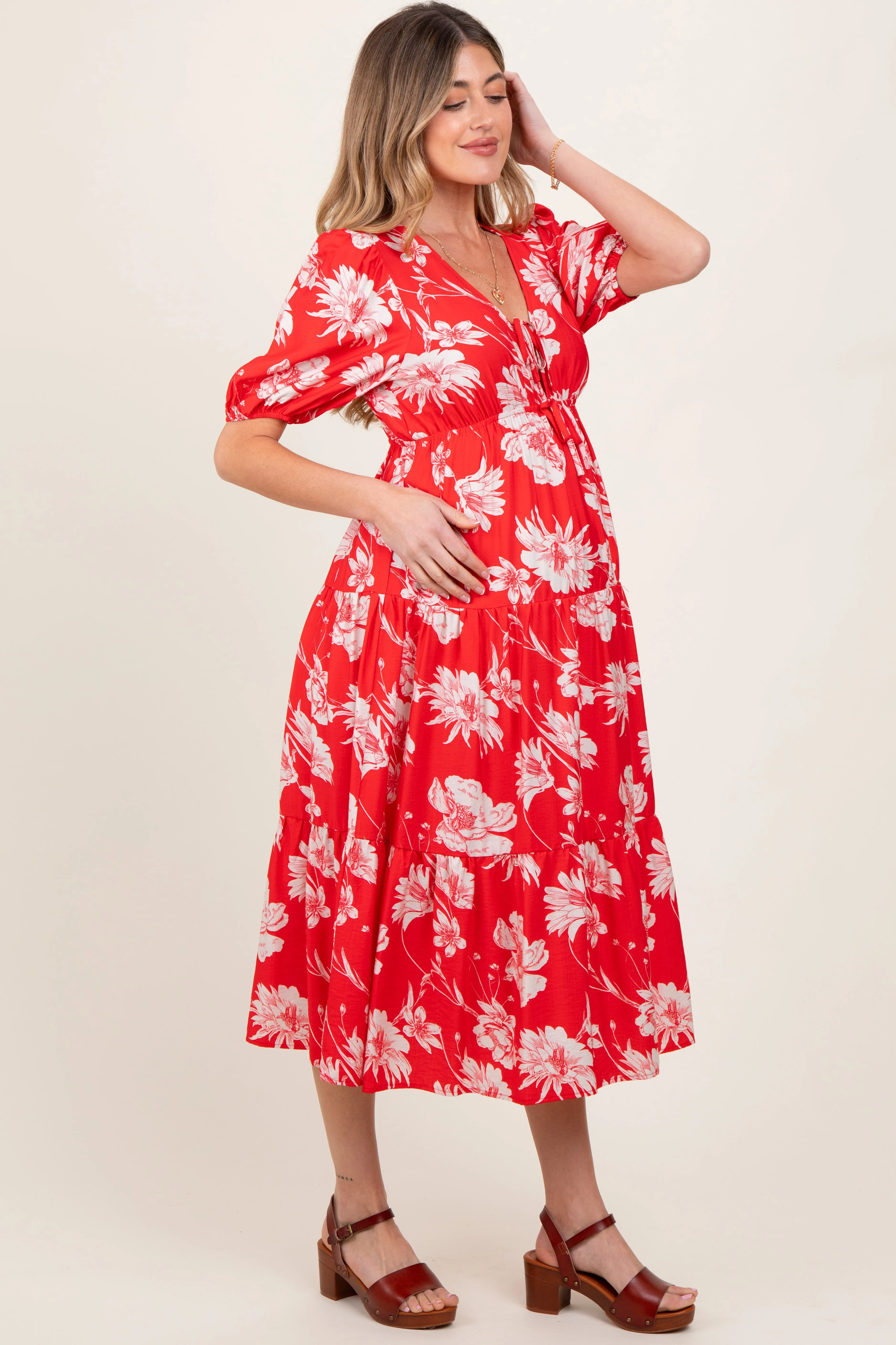 Red Floral Tie Front Tiered Maternity Midi Dress sold by Pinkblush product image thumbnail 2