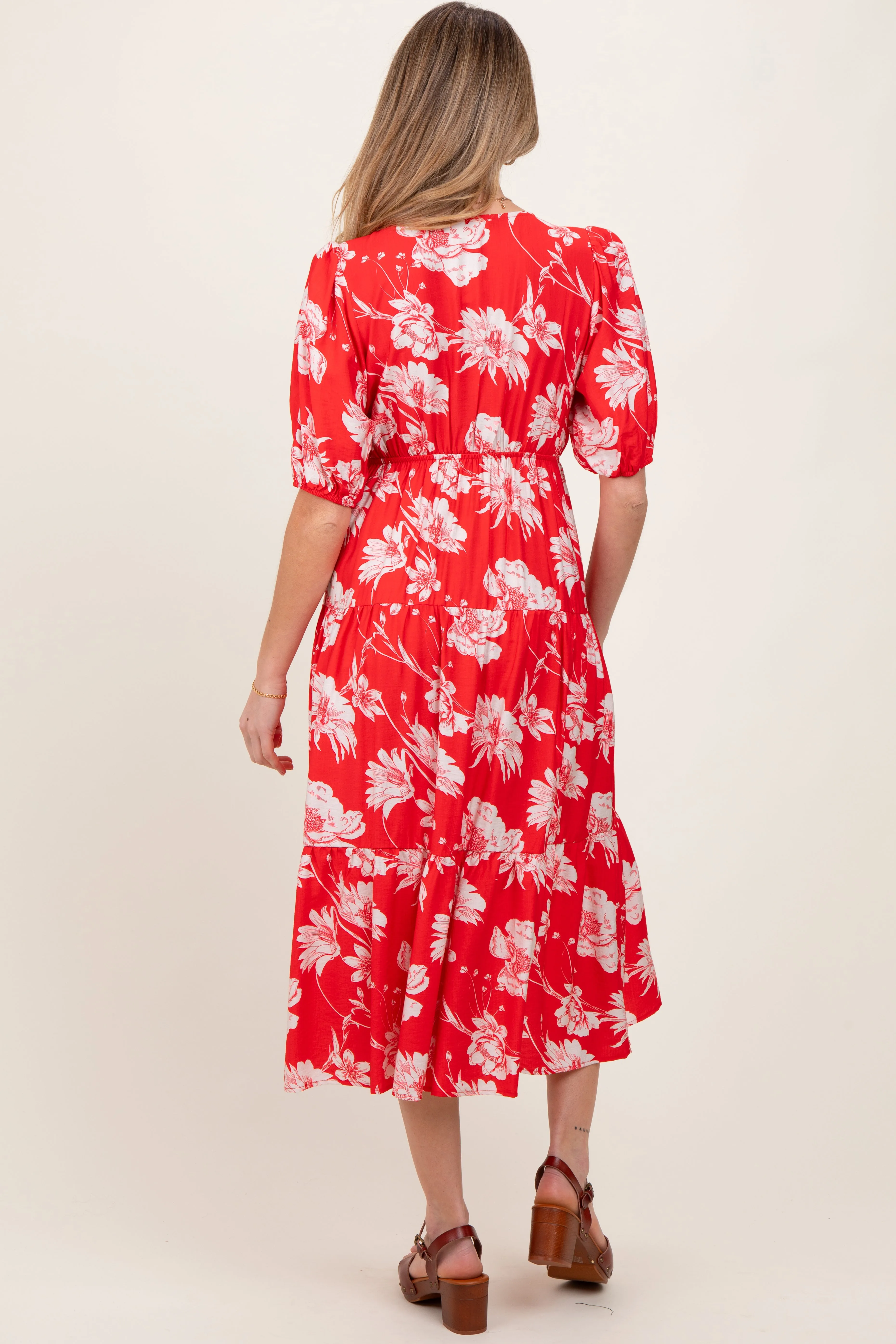 Red Floral Tie Front Tiered Maternity Midi Dress sold by Pinkblush product image thumbnail 3