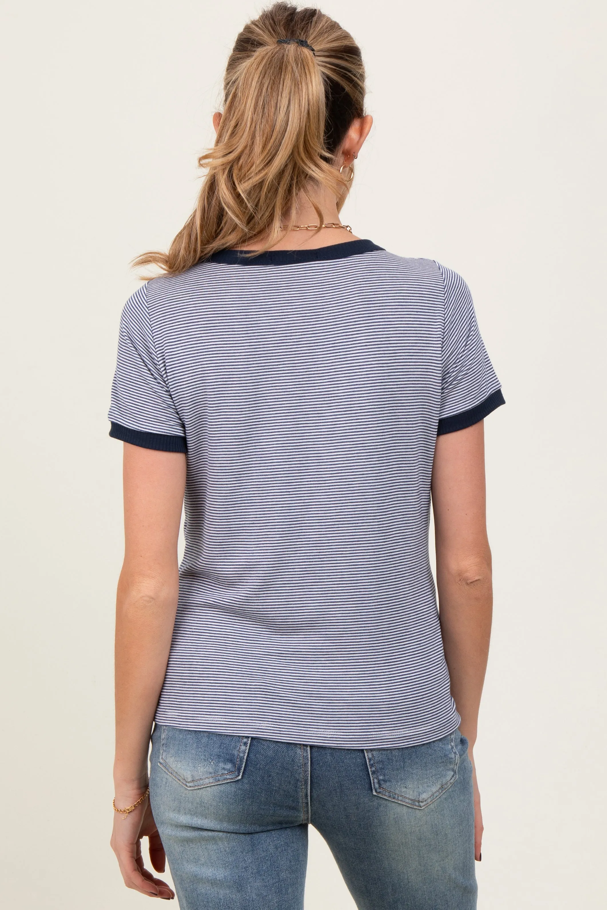 Navy Pinstripe Contrast Trim Maternity Tee sold by Pinkblush product image thumbnail 3