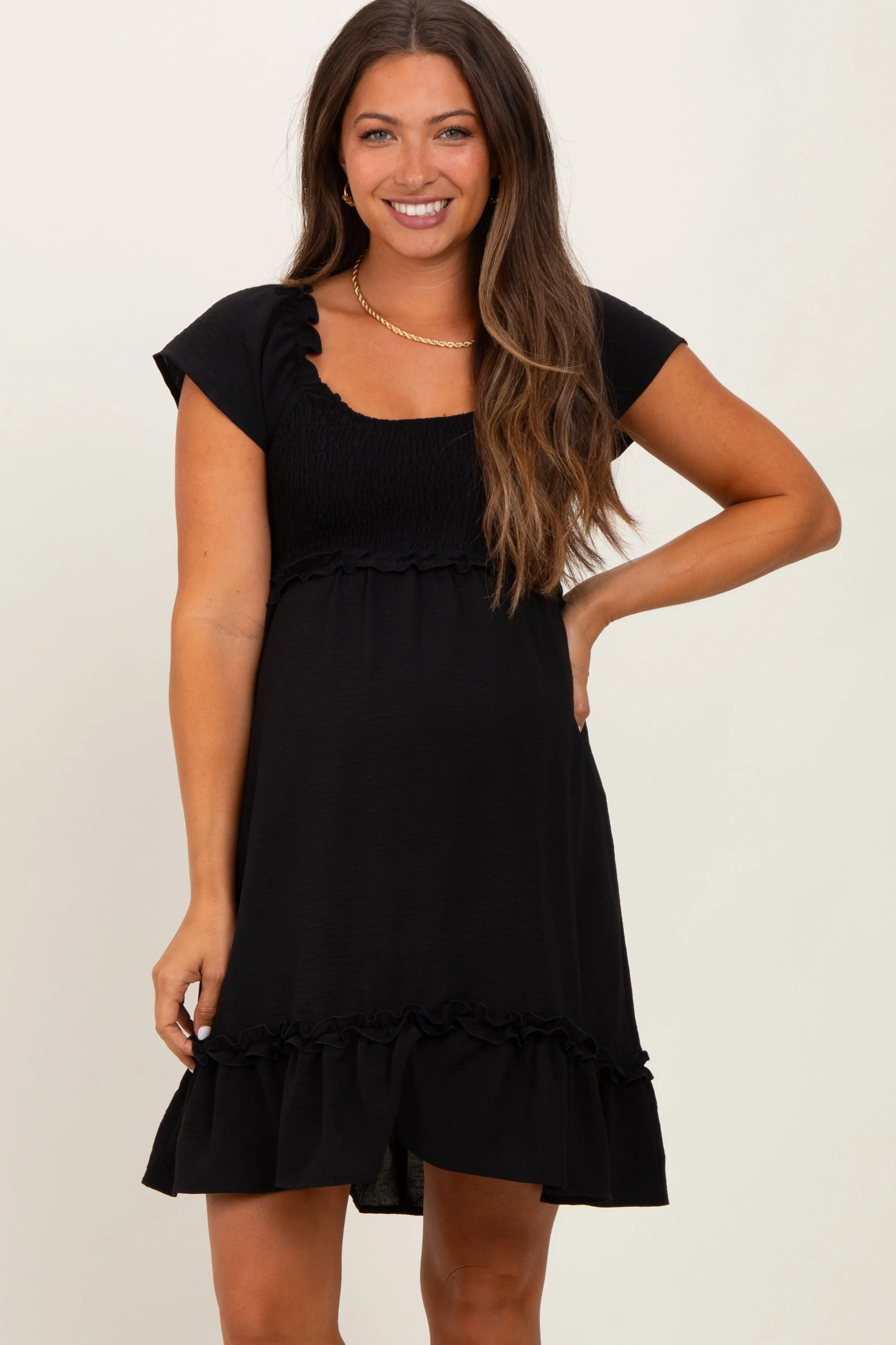 Black Smocked Ruffle Detail Maternity Mini Dress sold by Pinkblush