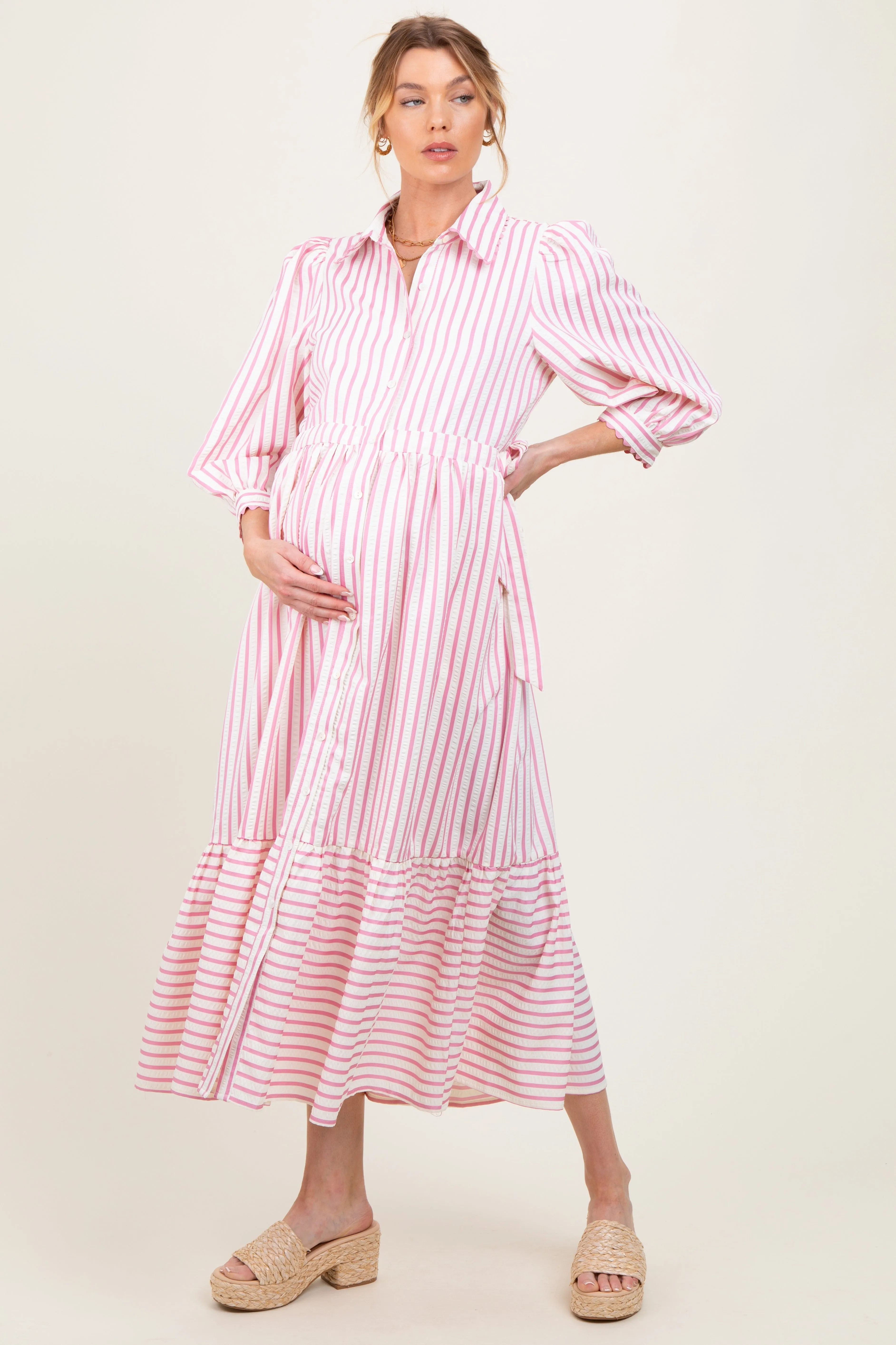 Pink Striped Collar Maternity Maxi Dress sold by Pinkblush