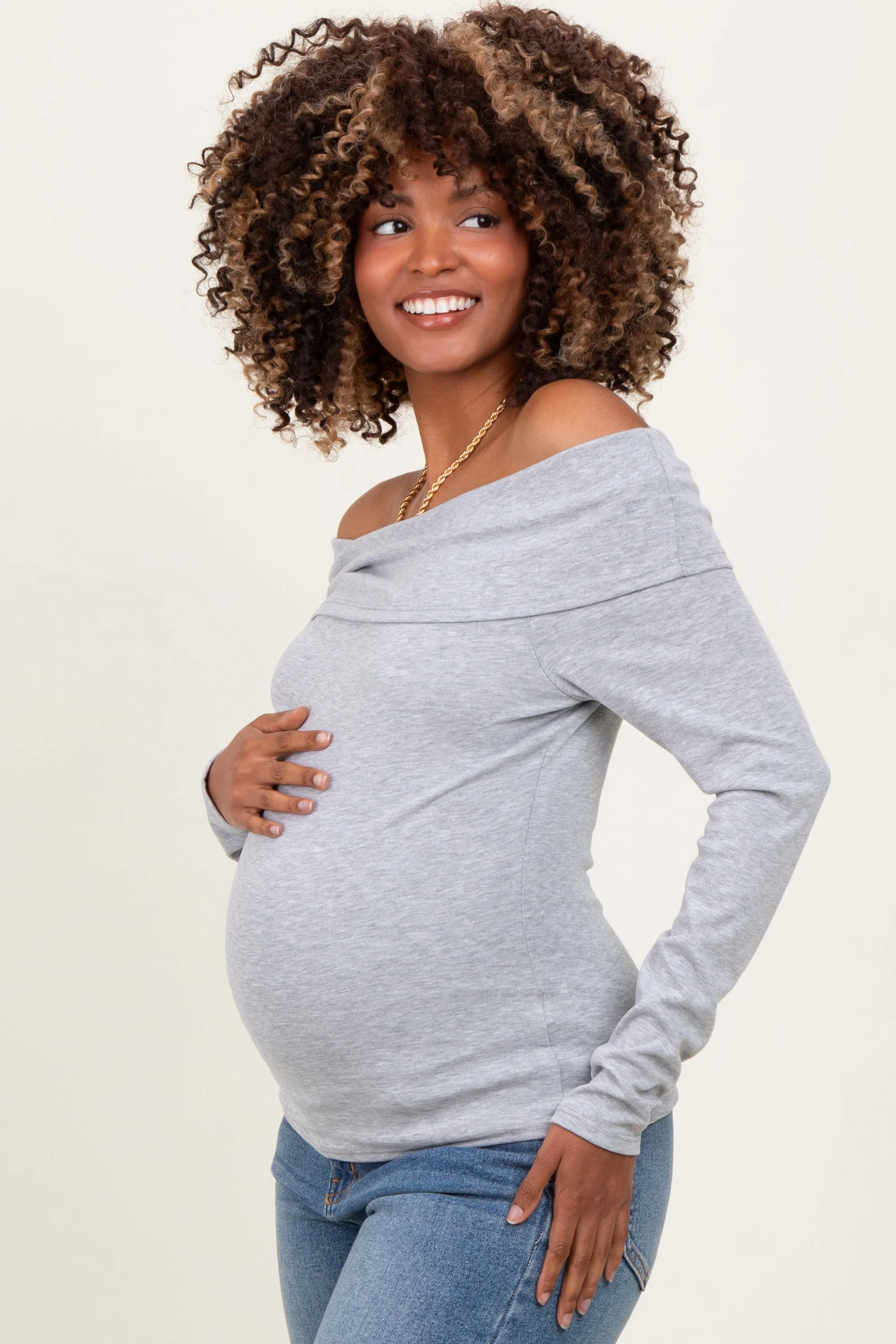Heather Grey Off Shoulder Foldover Maternity Long Sleeve Top sold by Pinkblush product image thumbnail 3