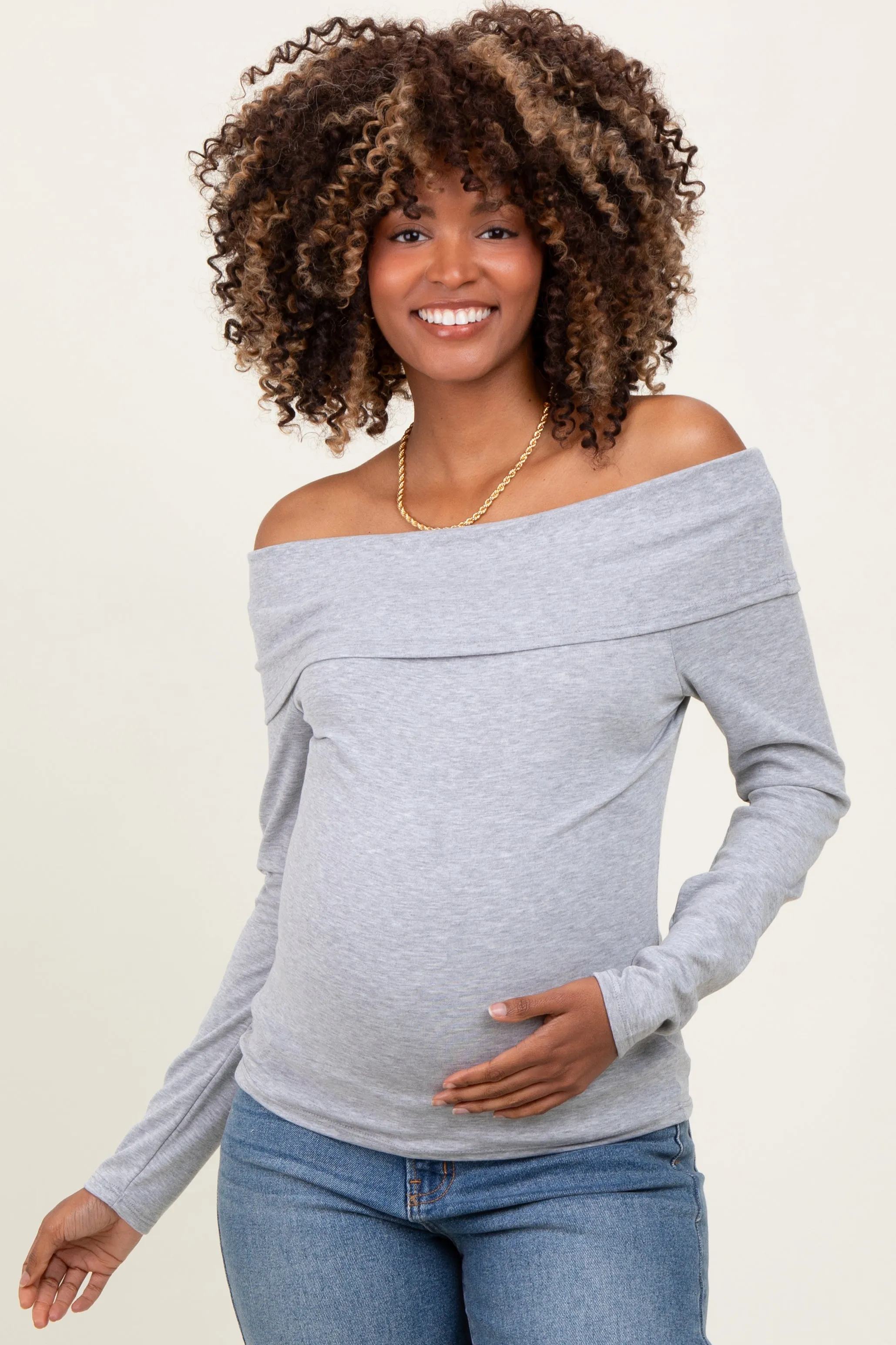 Heather Grey Off Shoulder Foldover Maternity Long Sleeve Top sold by Pinkblush