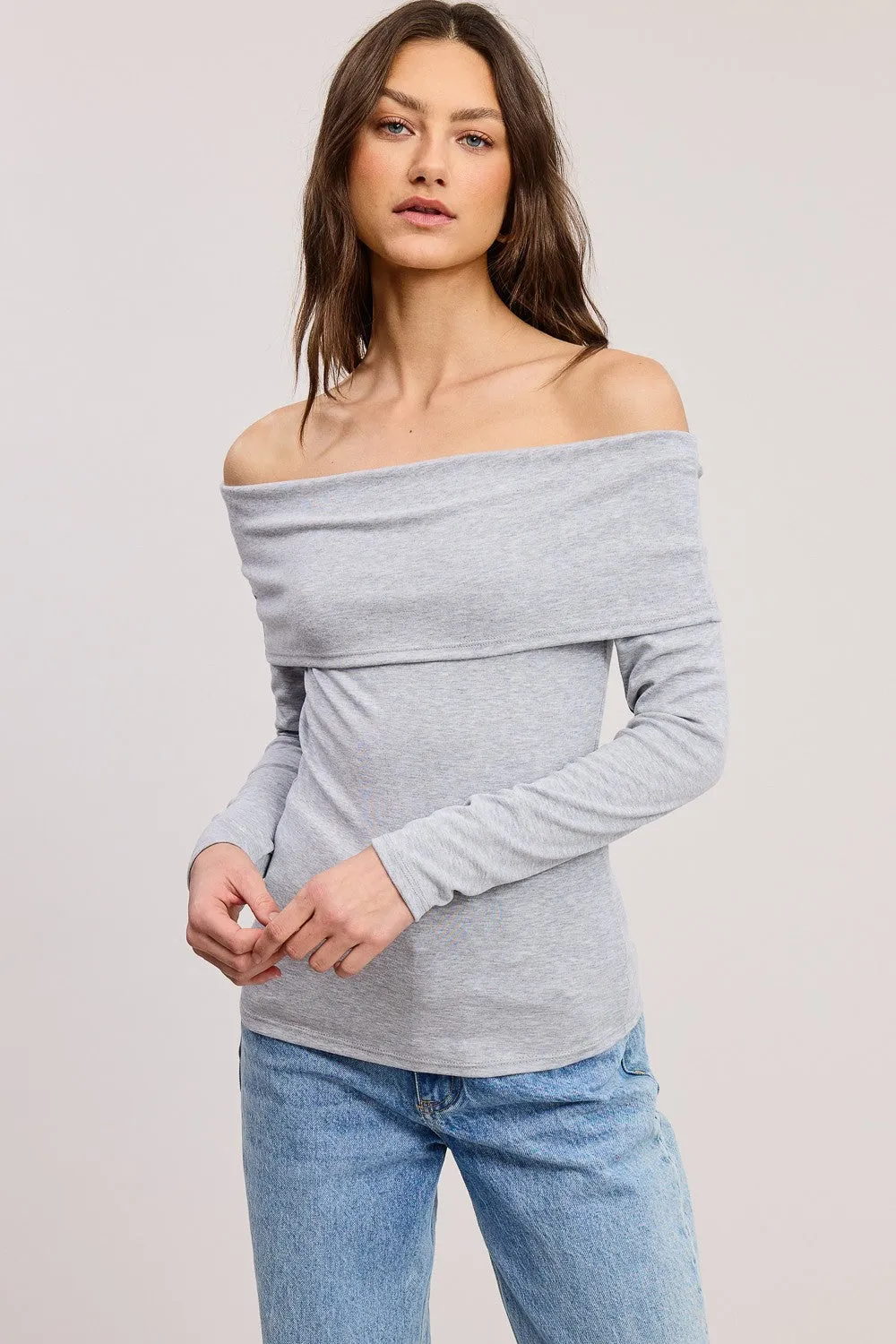 Heather Grey Off Shoulder Foldover Maternity Long Sleeve Top sold by Pinkblush product image thumbnail 5