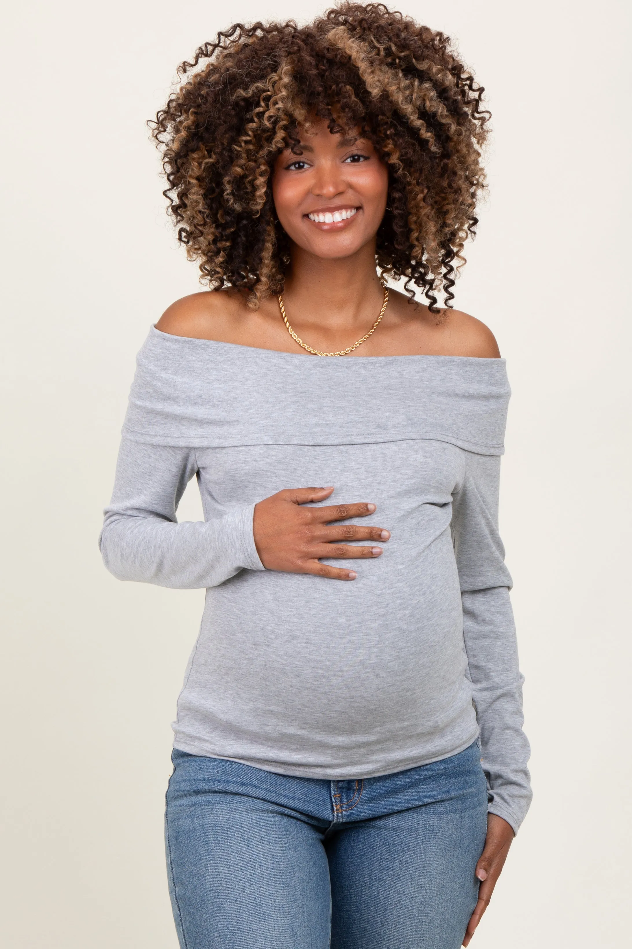Heather Grey Off Shoulder Foldover Maternity Long Sleeve Top sold by Pinkblush product image thumbnail 2