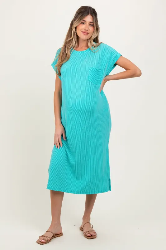 Mint Ribbed Short Sleeve Front Pocket Maternity Midi Dress sold by Pinkblush
