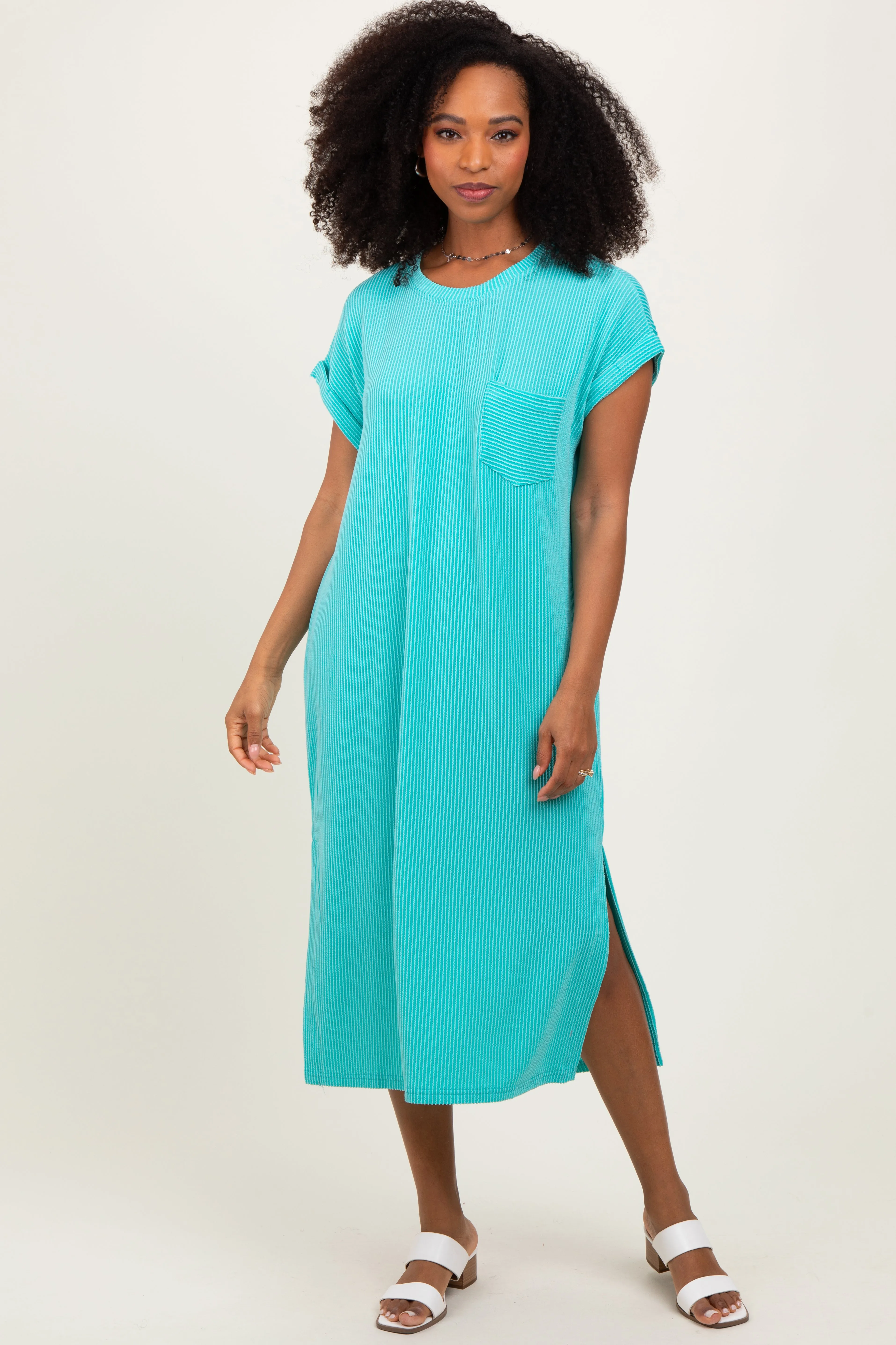Mint Ribbed Short Sleeve Front Pocket Maternity Midi Dress sold by Pinkblush product image thumbnail 5