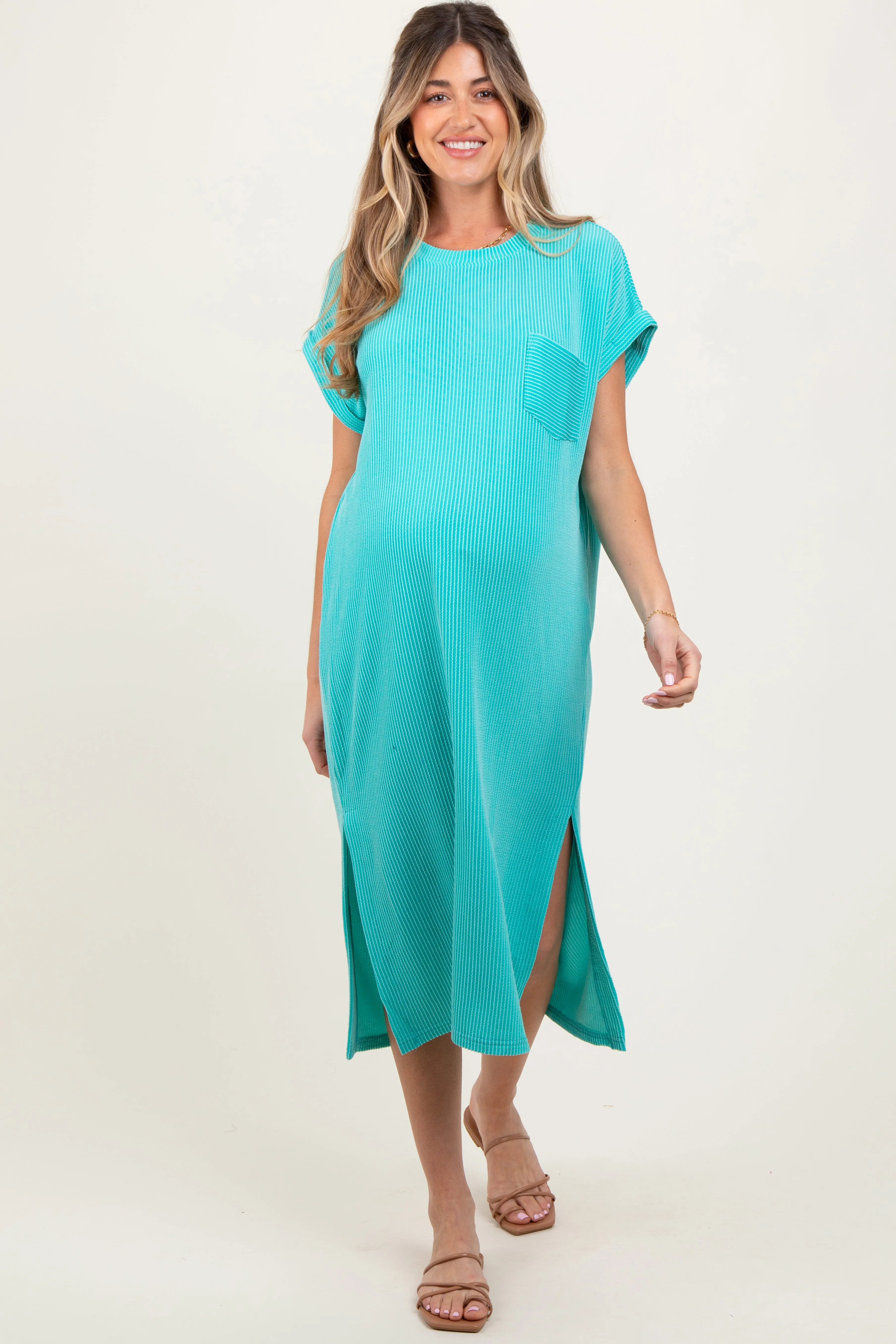 Mint Ribbed Short Sleeve Front Pocket Maternity Midi Dress sold by Pinkblush product image thumbnail 2