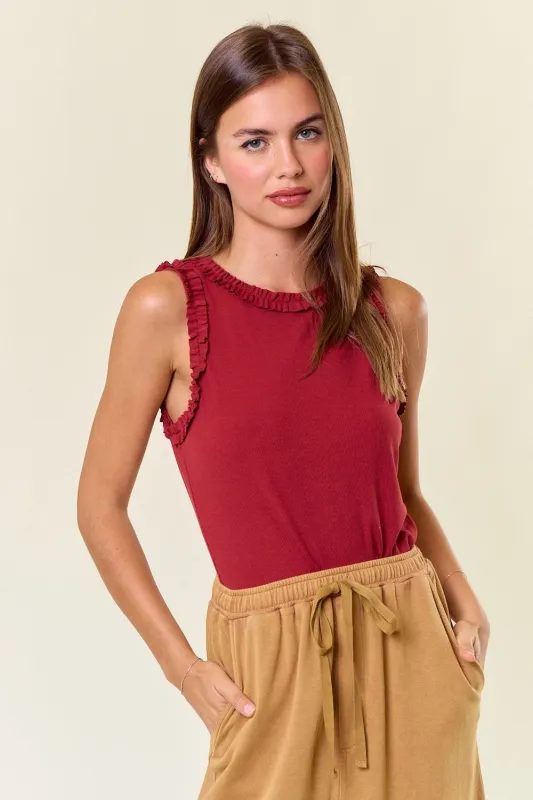 Burgundy Rib Knit Ruffle Trim Sleeveless Top sold by Pinkblush