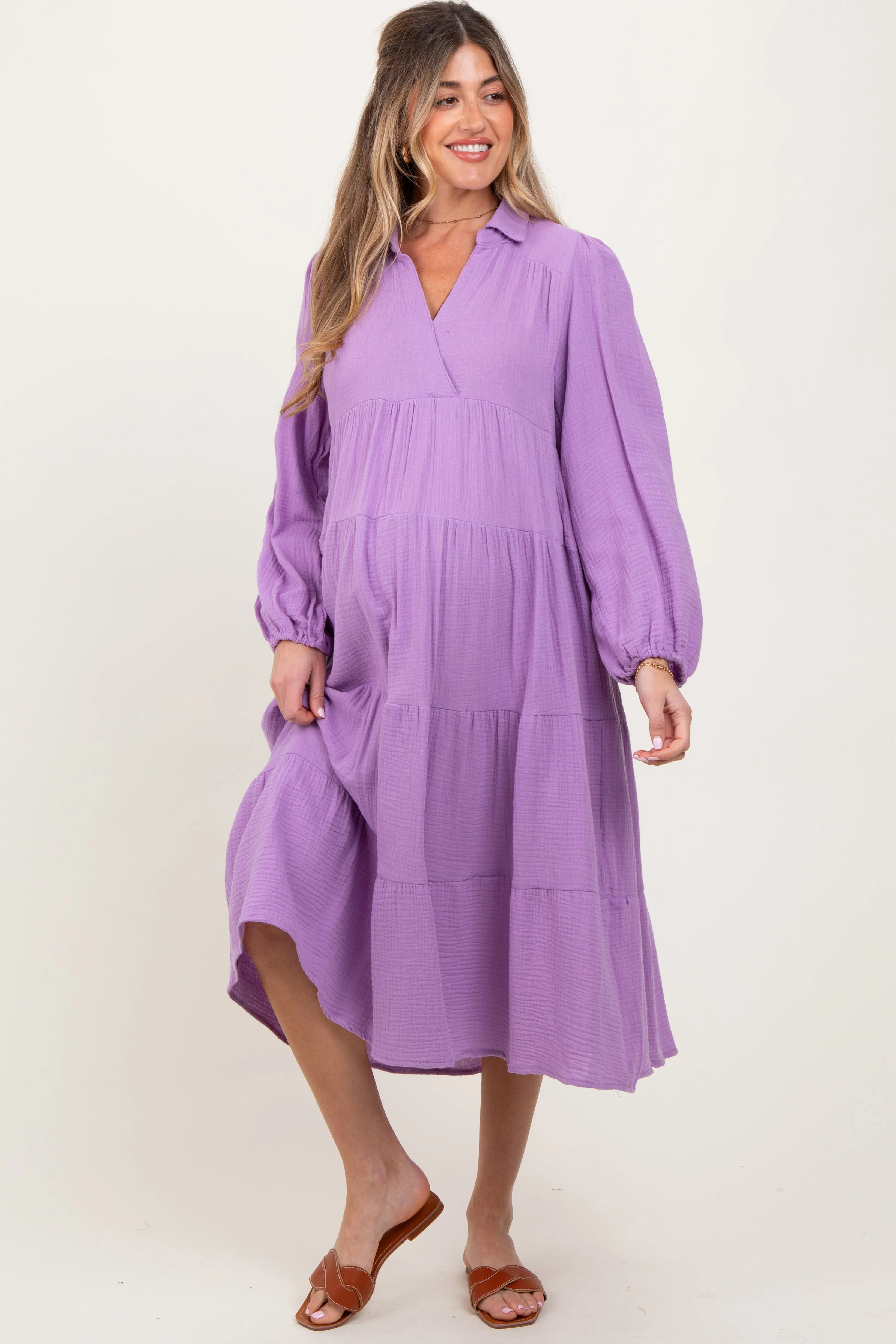 Lavender Light Weight Collared Tiered Maternity Midi Dress sold by Pinkblush product image thumbnail 2