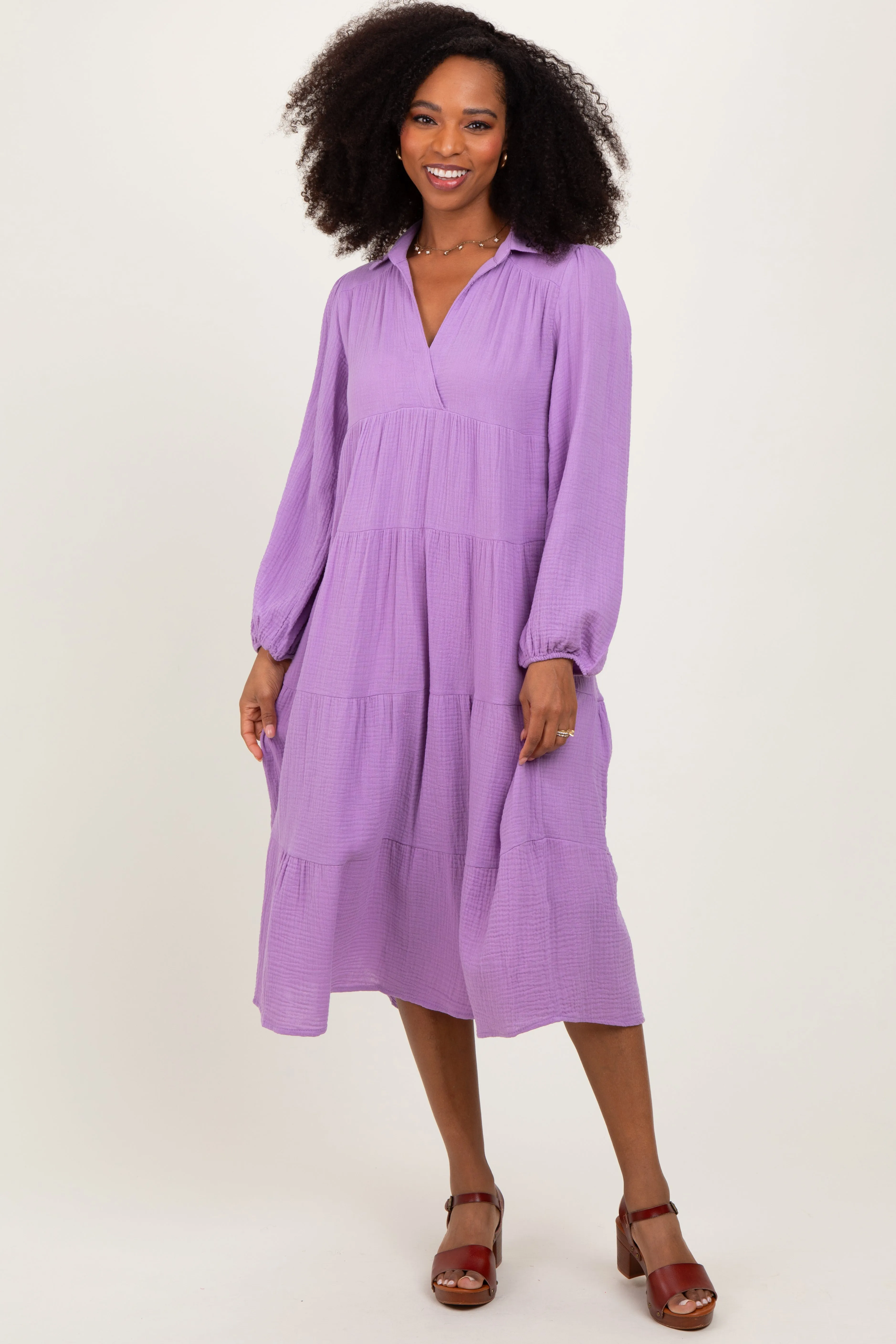 Lavender Light Weight Collared Tiered Maternity Midi Dress sold by Pinkblush product image thumbnail 4