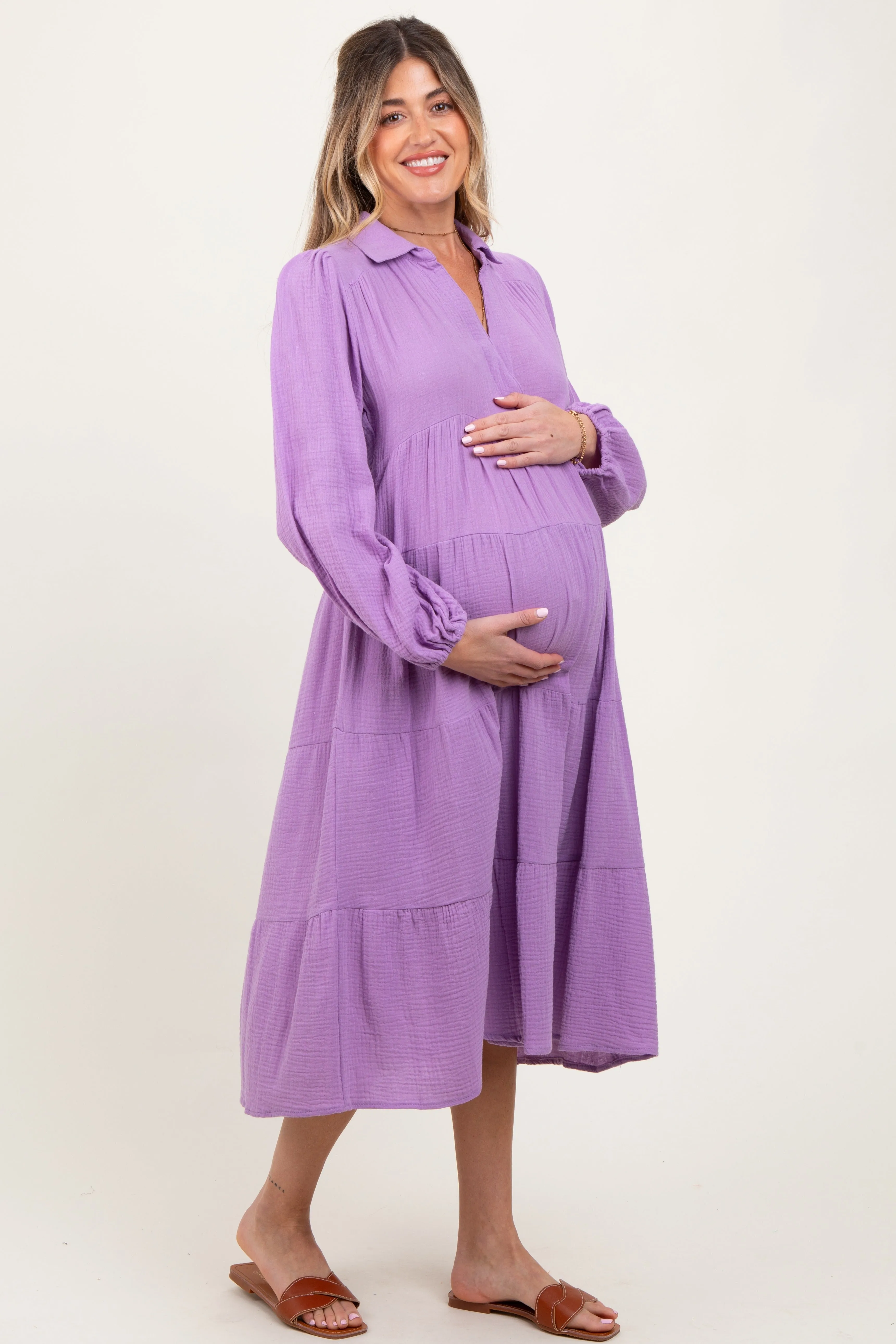 Lavender Light Weight Collared Tiered Maternity Midi Dress sold by Pinkblush