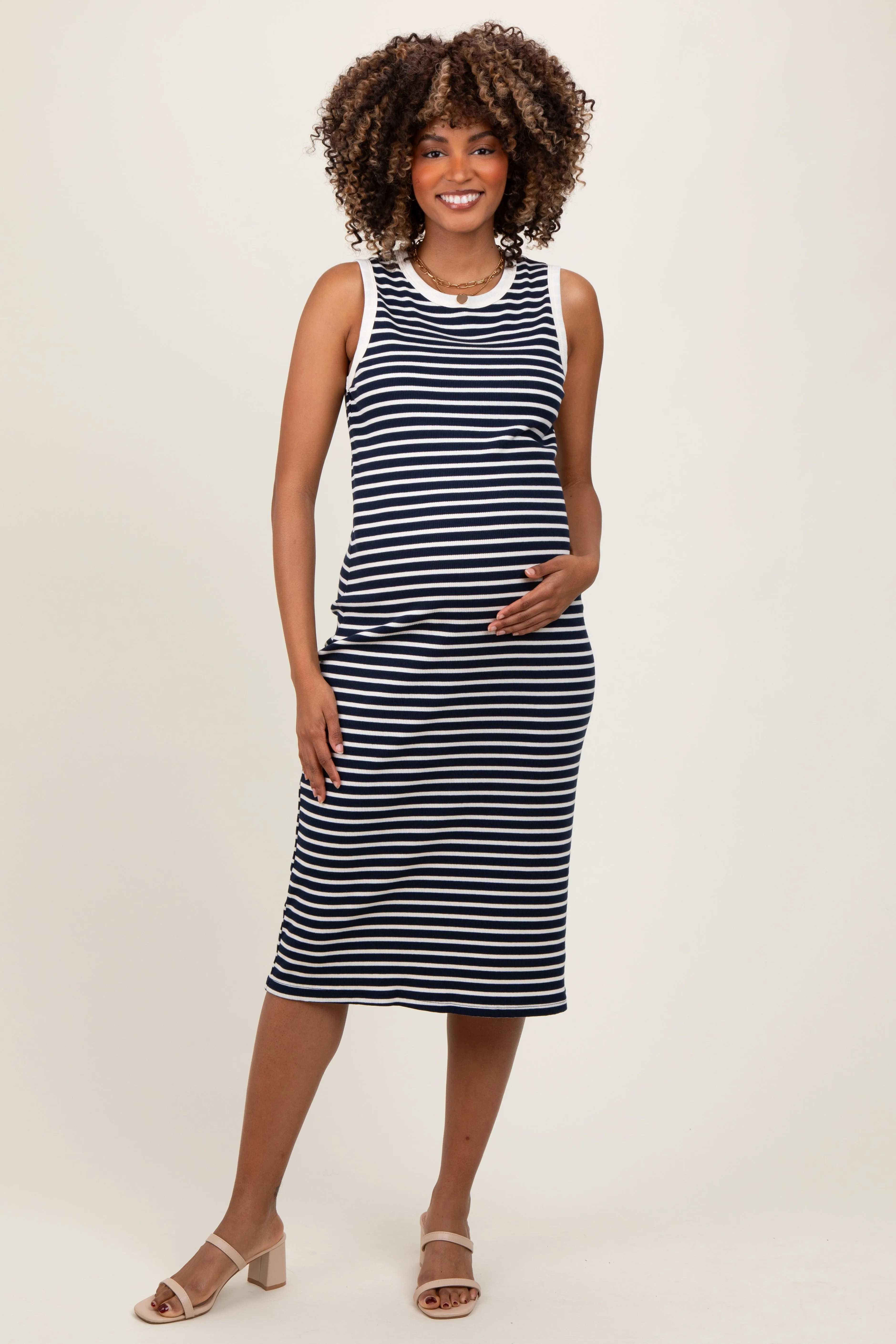 Navy Striped Ribbed Knit Sleeveless Maternity Midi Dress sold by Pinkblush