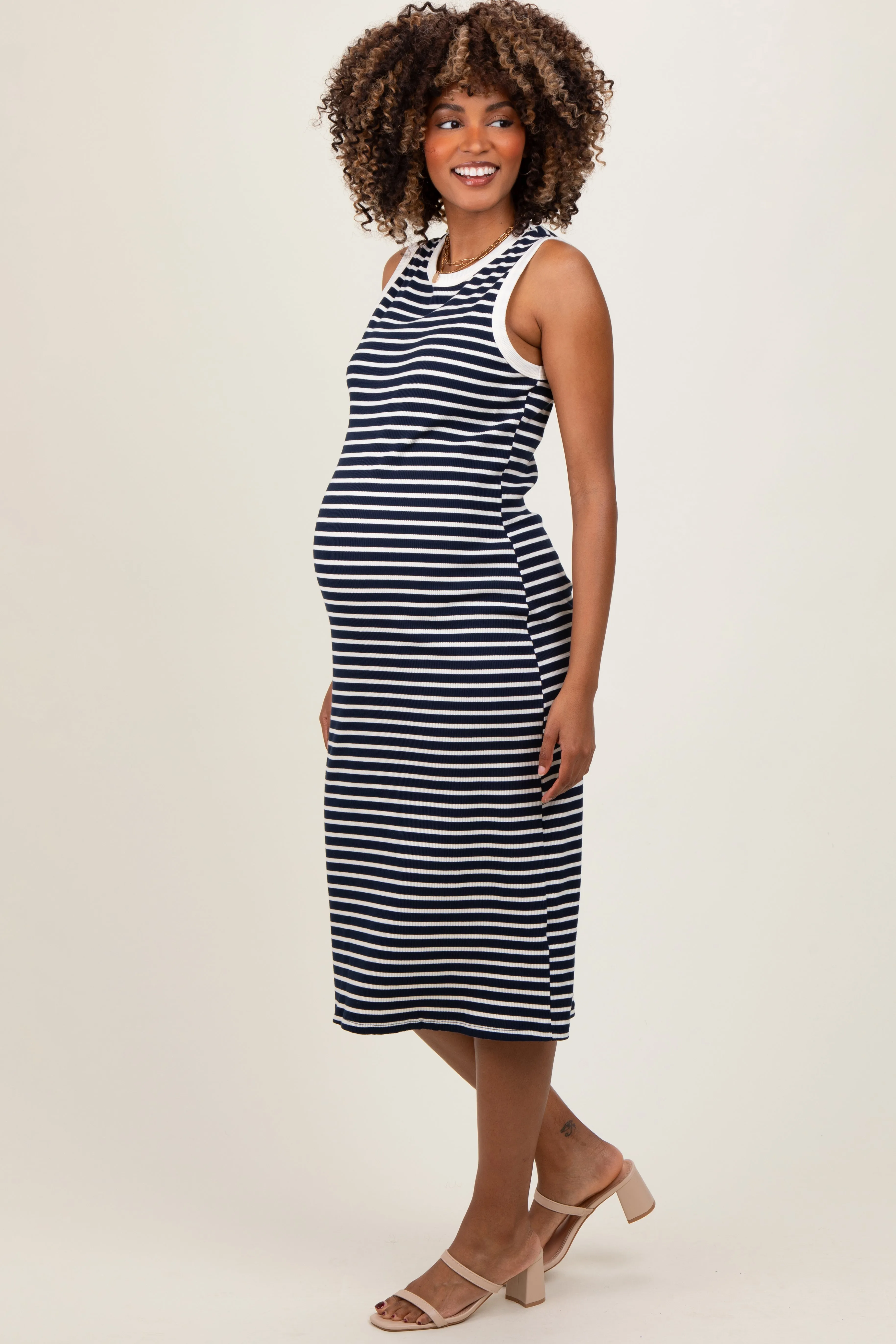 Navy Striped Ribbed Knit Sleeveless Maternity Midi Dress sold by Pinkblush product image thumbnail 2