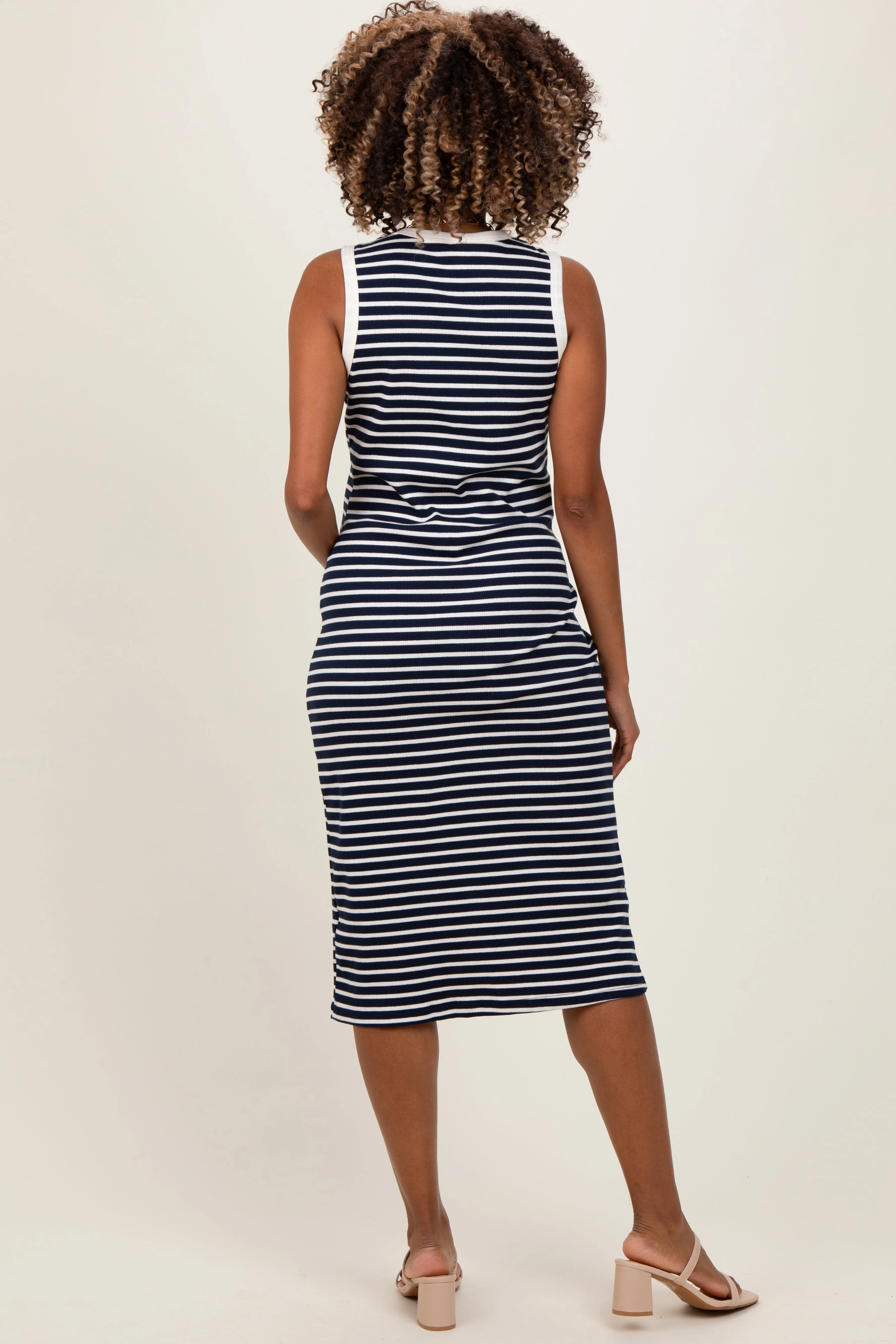 Navy Striped Ribbed Knit Sleeveless Maternity Midi Dress sold by Pinkblush product image thumbnail 3