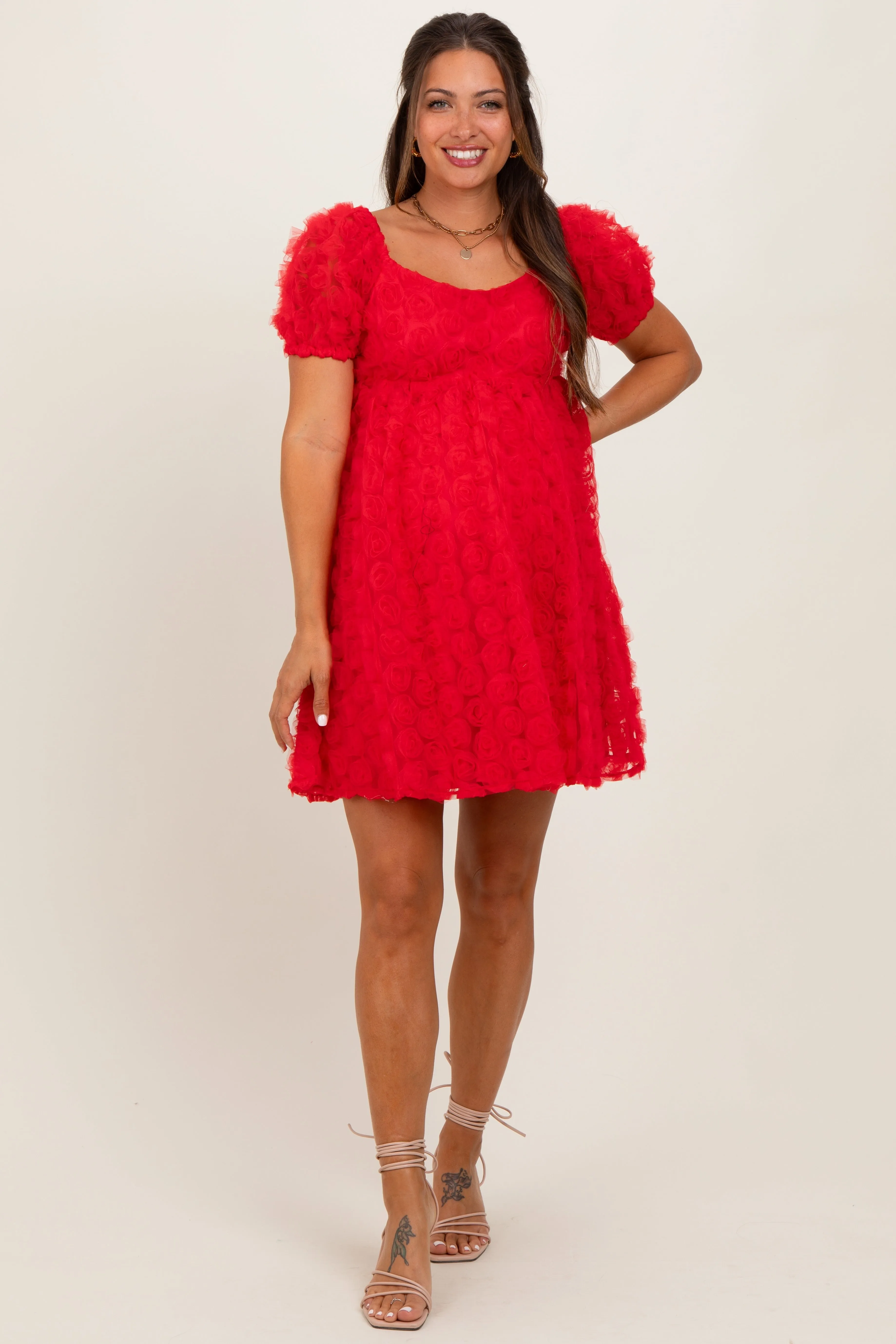 Red Floral Applique Overlay Maternity Dress sold by Pinkblush